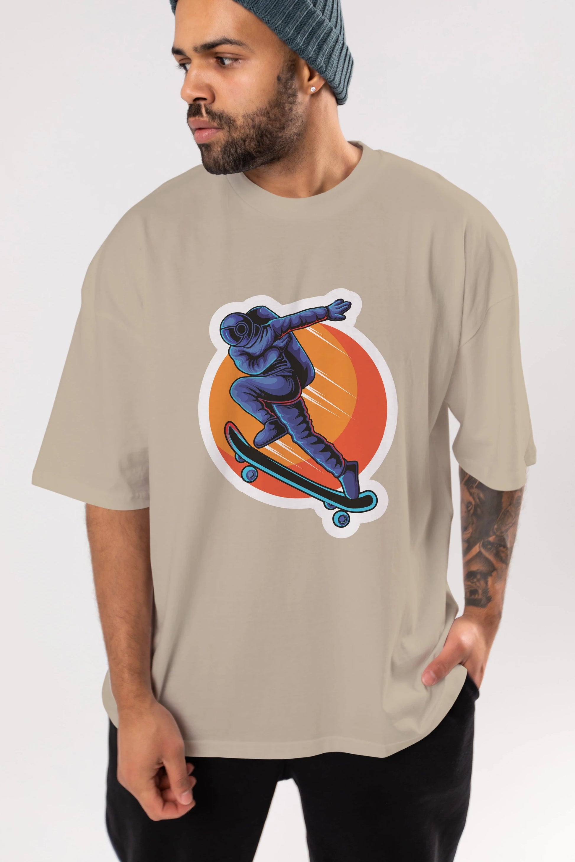 Astroskate Run Sticker Ön Baskılı Oversize t-shirt Erkek Kadın Unisex