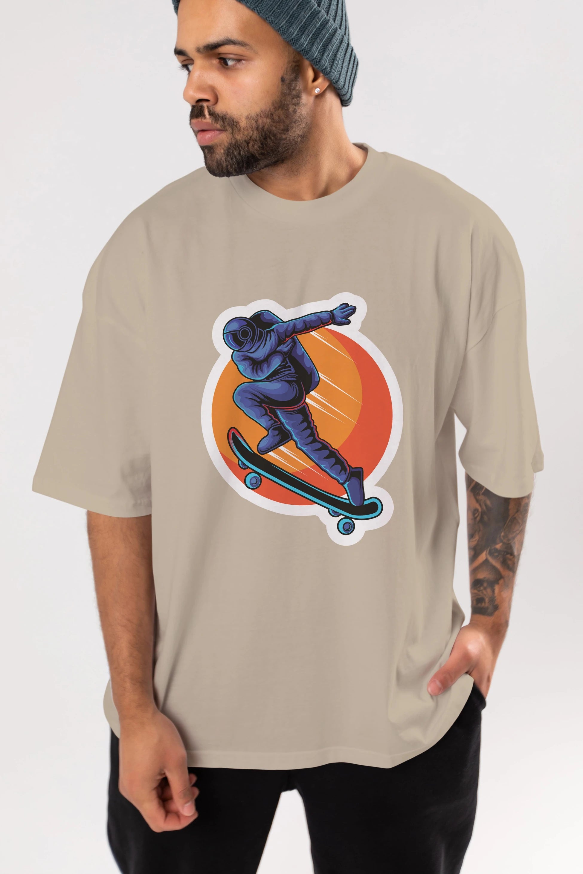 Astroskate Run Sticker Ön Baskılı Oversize t-shirt Erkek Kadın Unisex