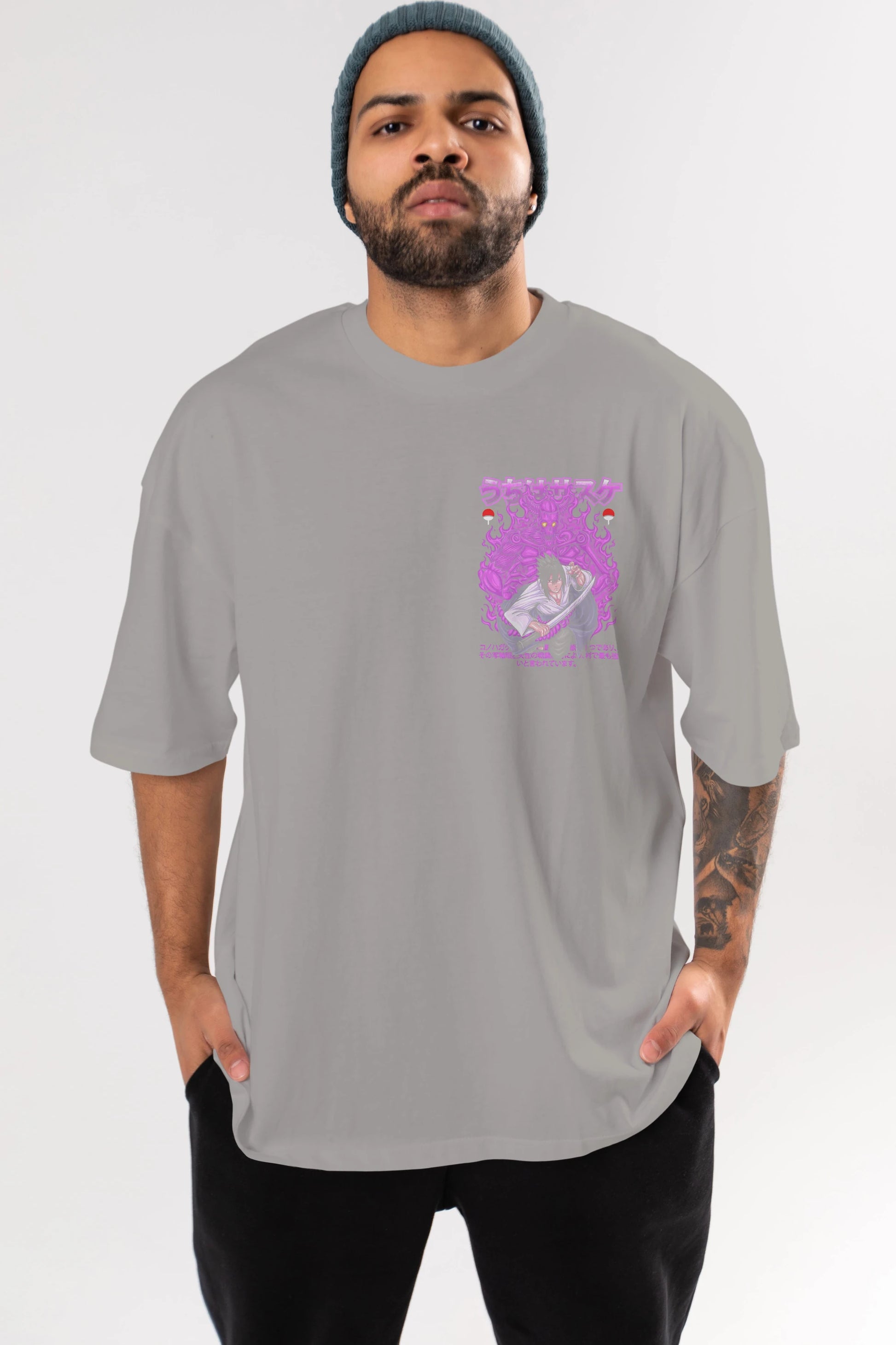 SASUKE UCHIHA NARUTO Ön Sol Baskılı Oversize t-shirt Erkek Kadın Unisex %100 Pamuk Bisiklet Yaka tişort