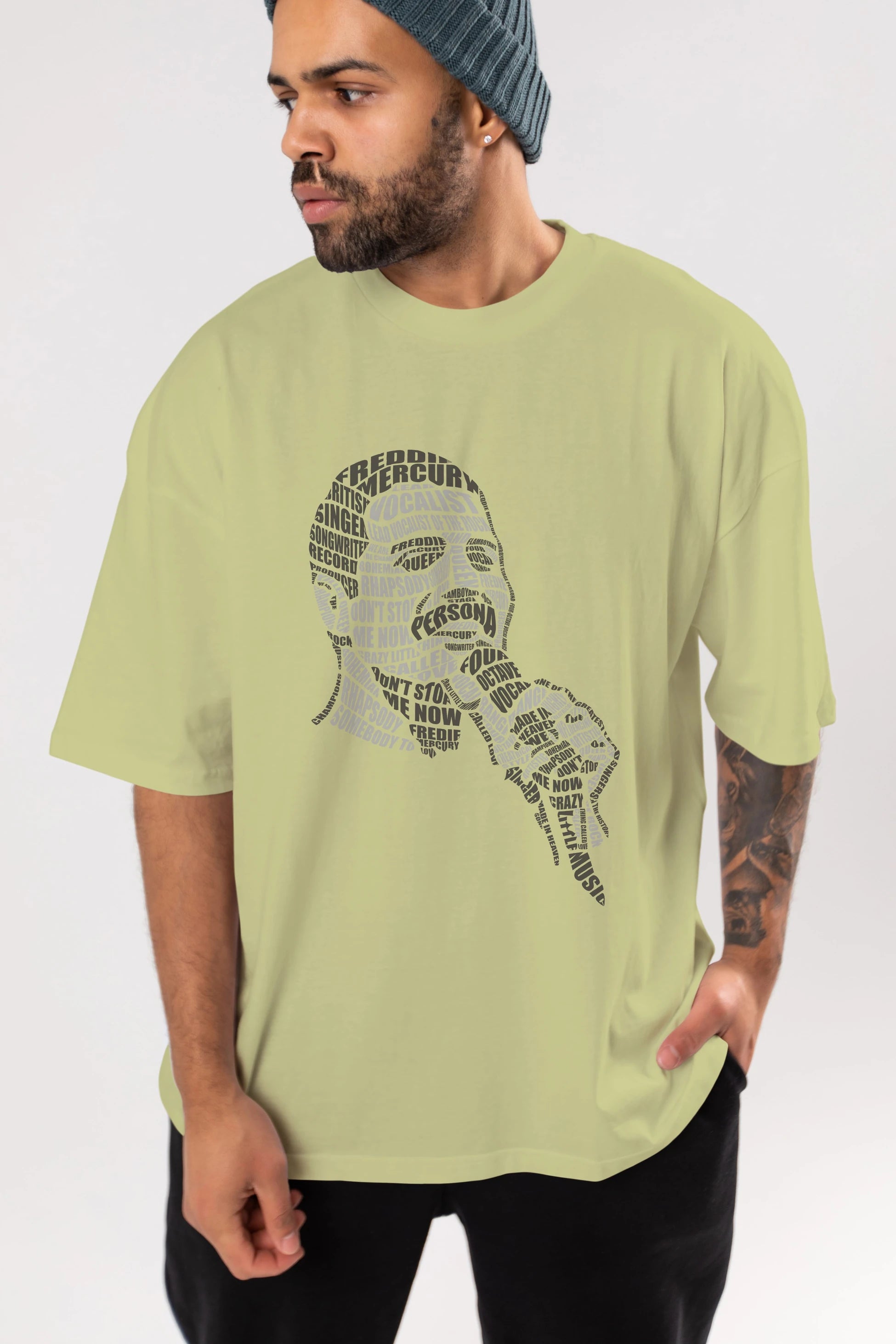 Freddy Mercuri Calligram Ön Baskılı Oversize t-shirt %100 pamuk Erkek Kadın Unisex