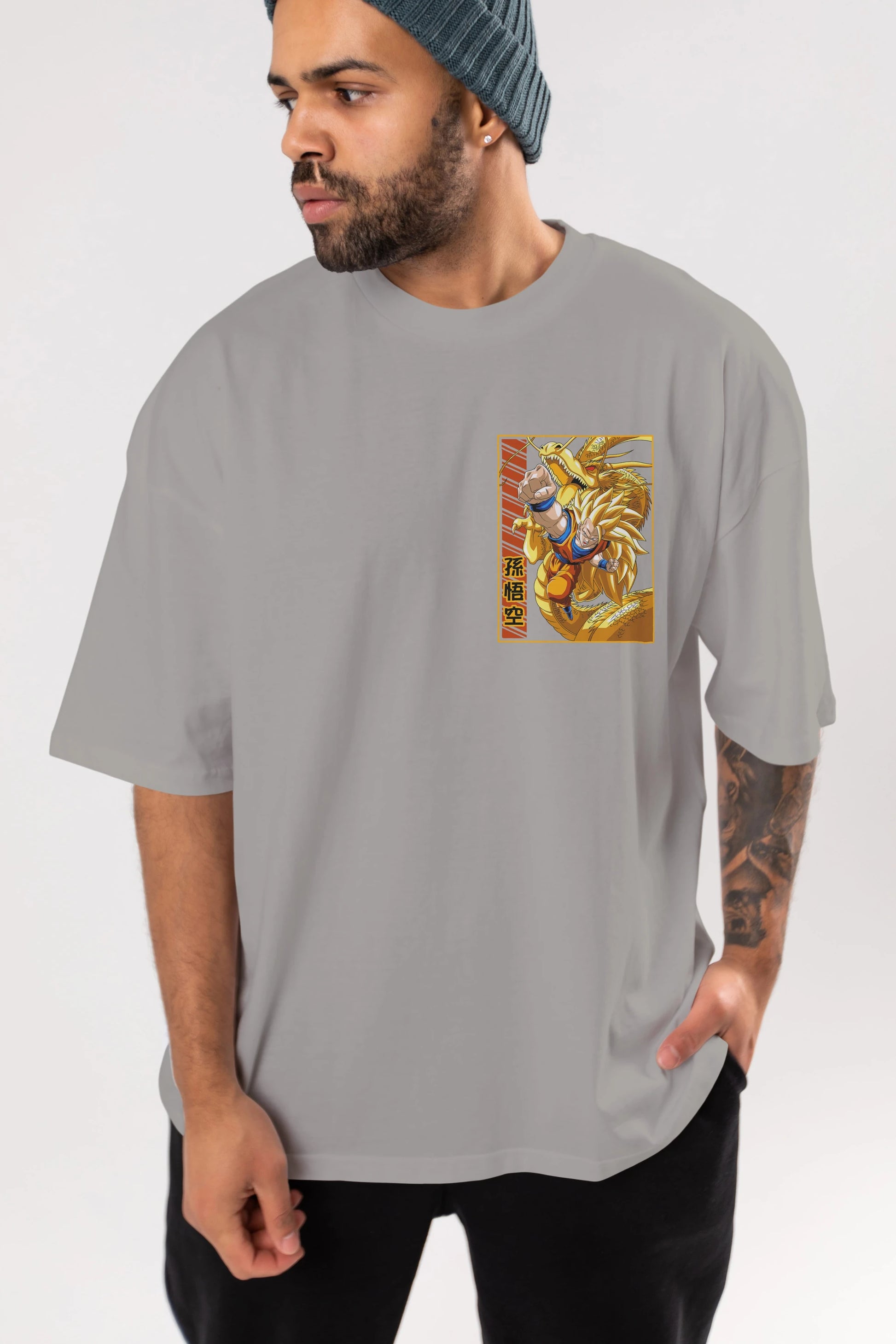 DragonBall Goku Ön Sol Baskılı Oversize t-shirt Erkek Kadın Unisex %100 Pamuk Bisiklet Yaka tişort