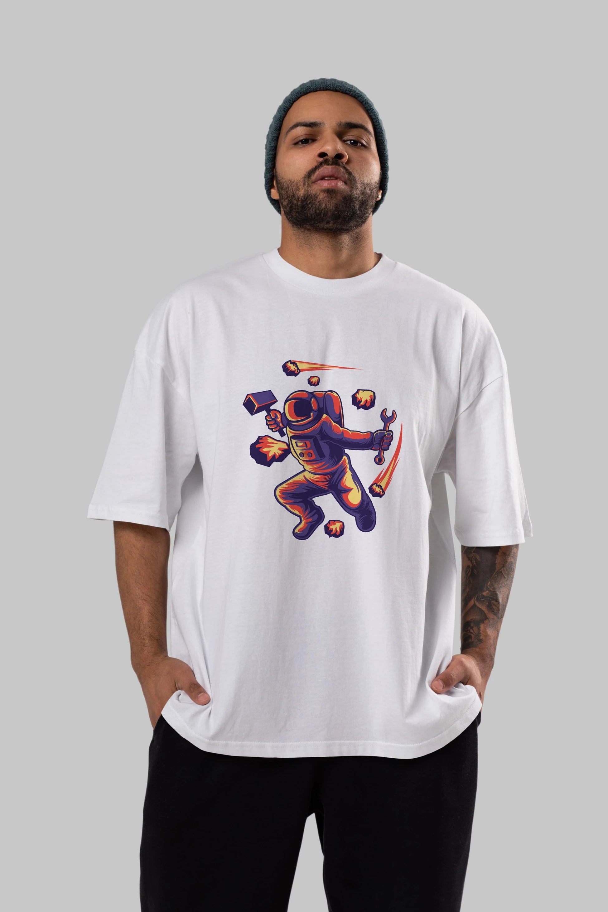 Astronaut Block Meteor Ön Baskılı Oversize t-shirt Erkek Kadın Unisex