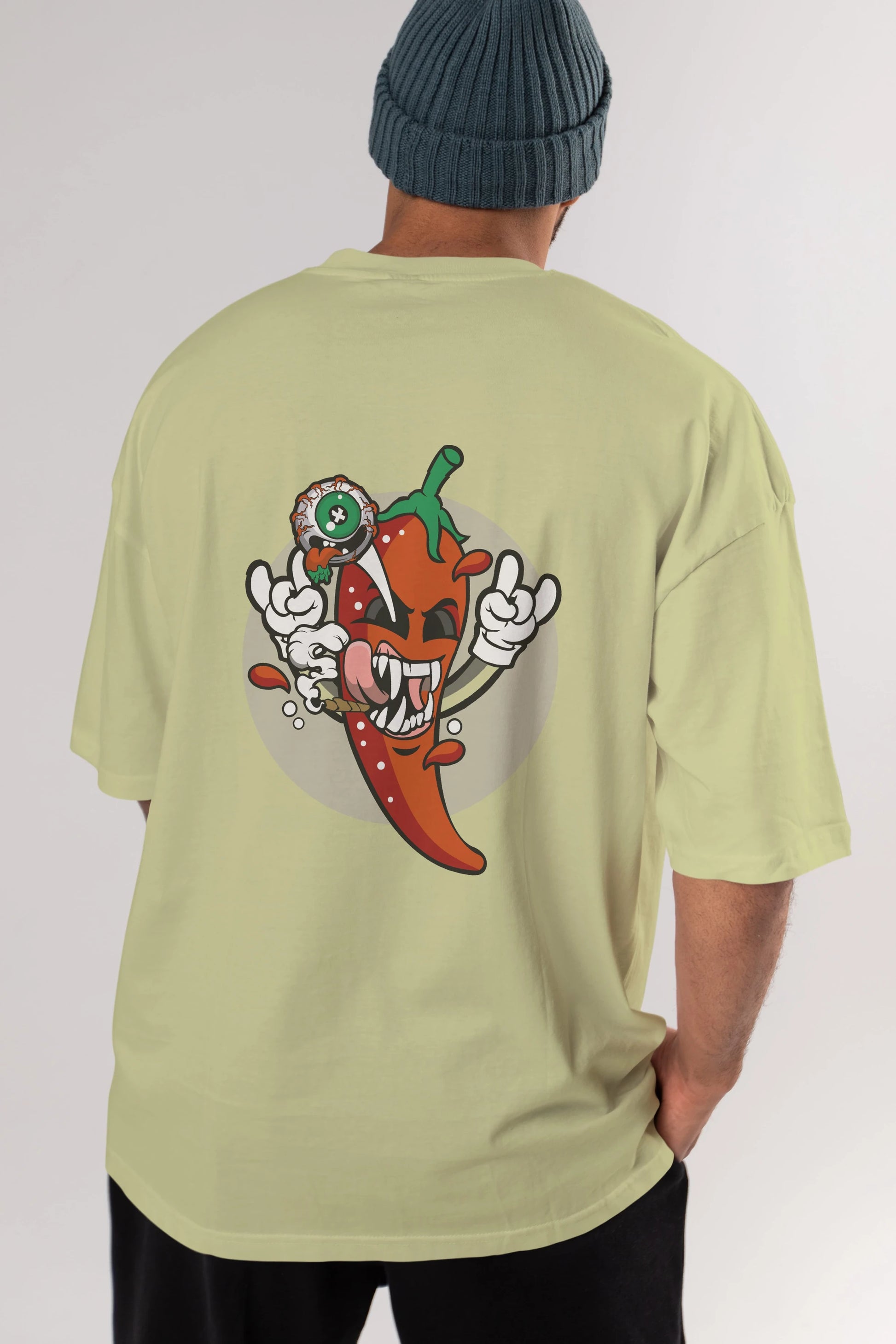 Chili Monster Arka Baskılı Oversize t-shirt Erkek Kadın Unisex %100 Pamuk tişort