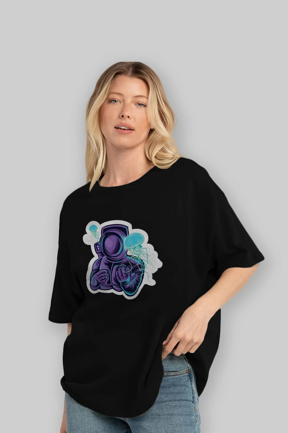Astronaut and Jellyfish Sticker Ön Baskılı Oversize t-shirt Erkek Kadın Unisex