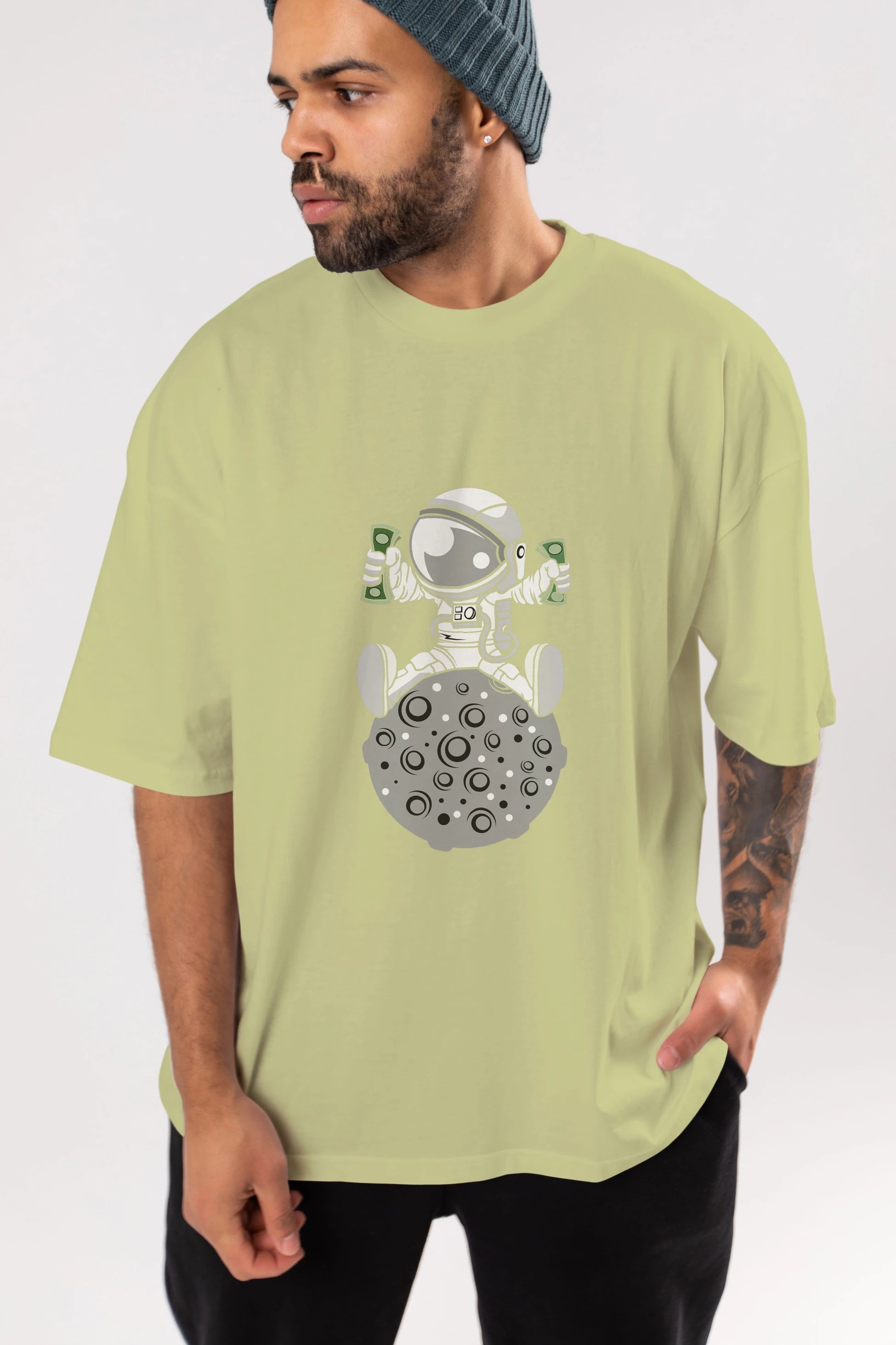 Astronaut Dollar Ön Baskılı Oversize t-shirt Erkek Kadın Unisex %100 Pamuk tişort