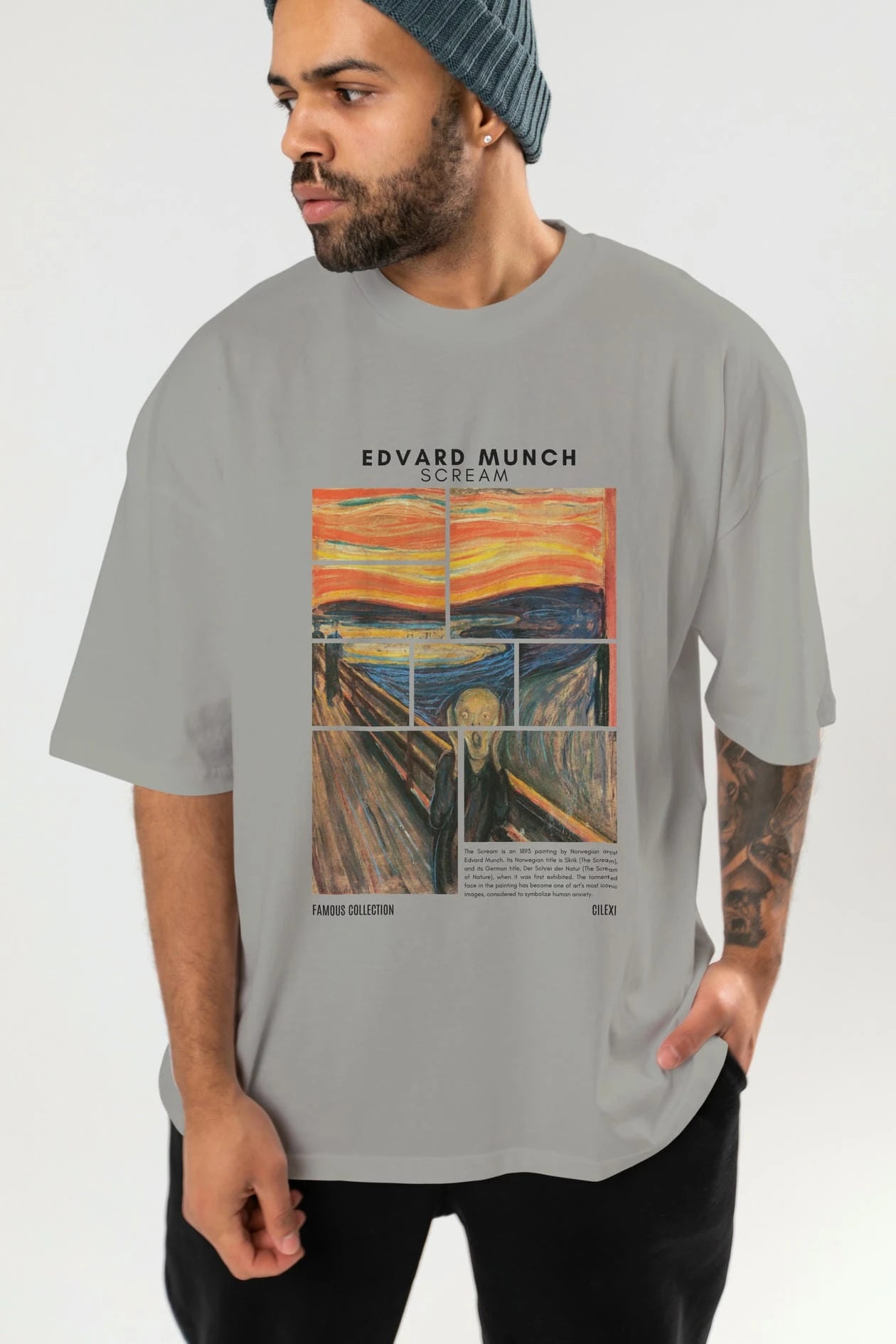 Edvard Munch Scream ön Baskılı Oversize t-shirt Erkek Kadın Bisiklet Yaka Pamuk tişort