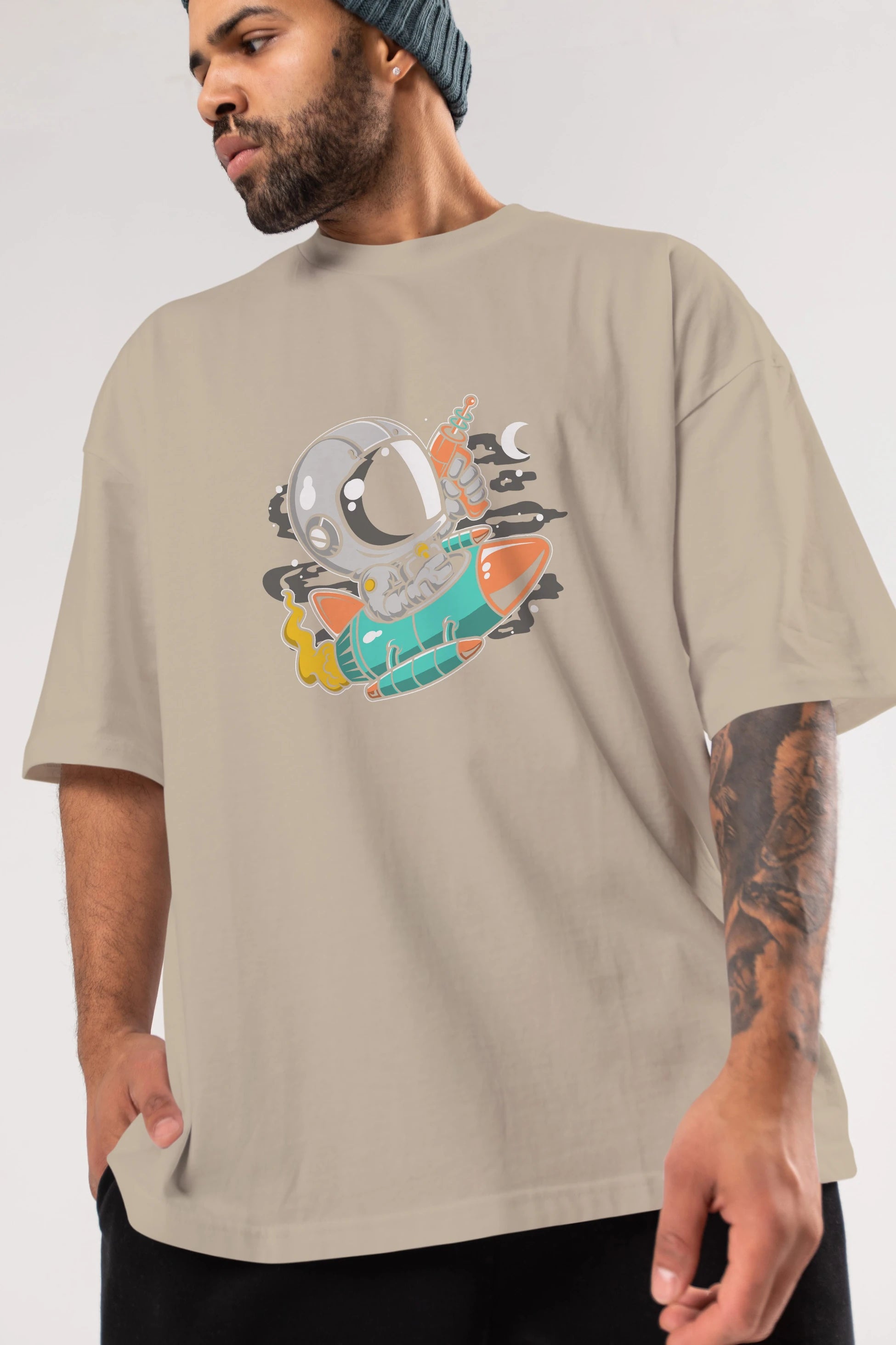 Astronaut Riding Rocket Ön Baskılı Oversize t-shirt Erkek Kadın Unisex