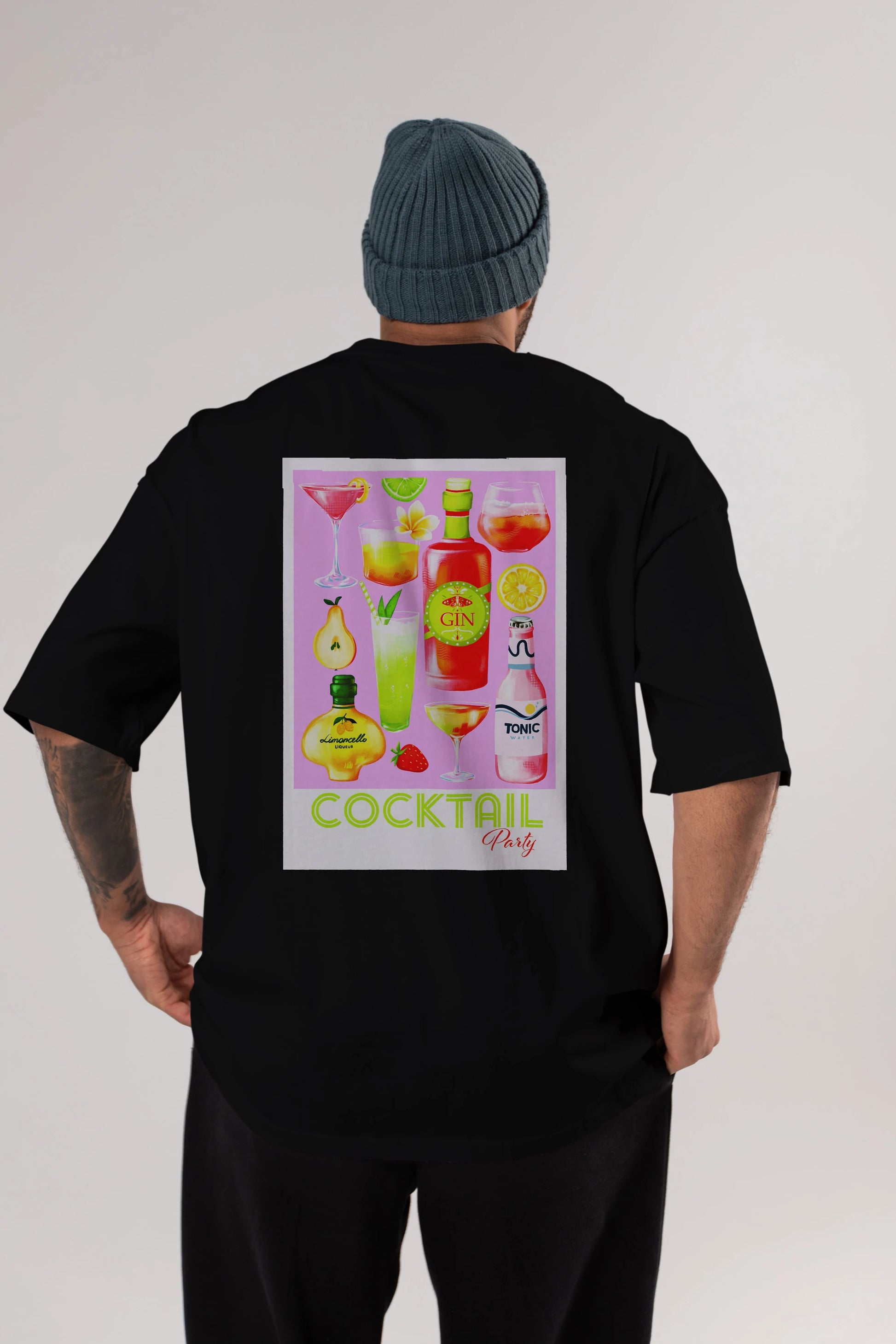 Cocktail Party Arka Baskılı Oversize t-shirt Erkek Kadın Unisex %100 Pamuk Bisiklet Yaka tişort