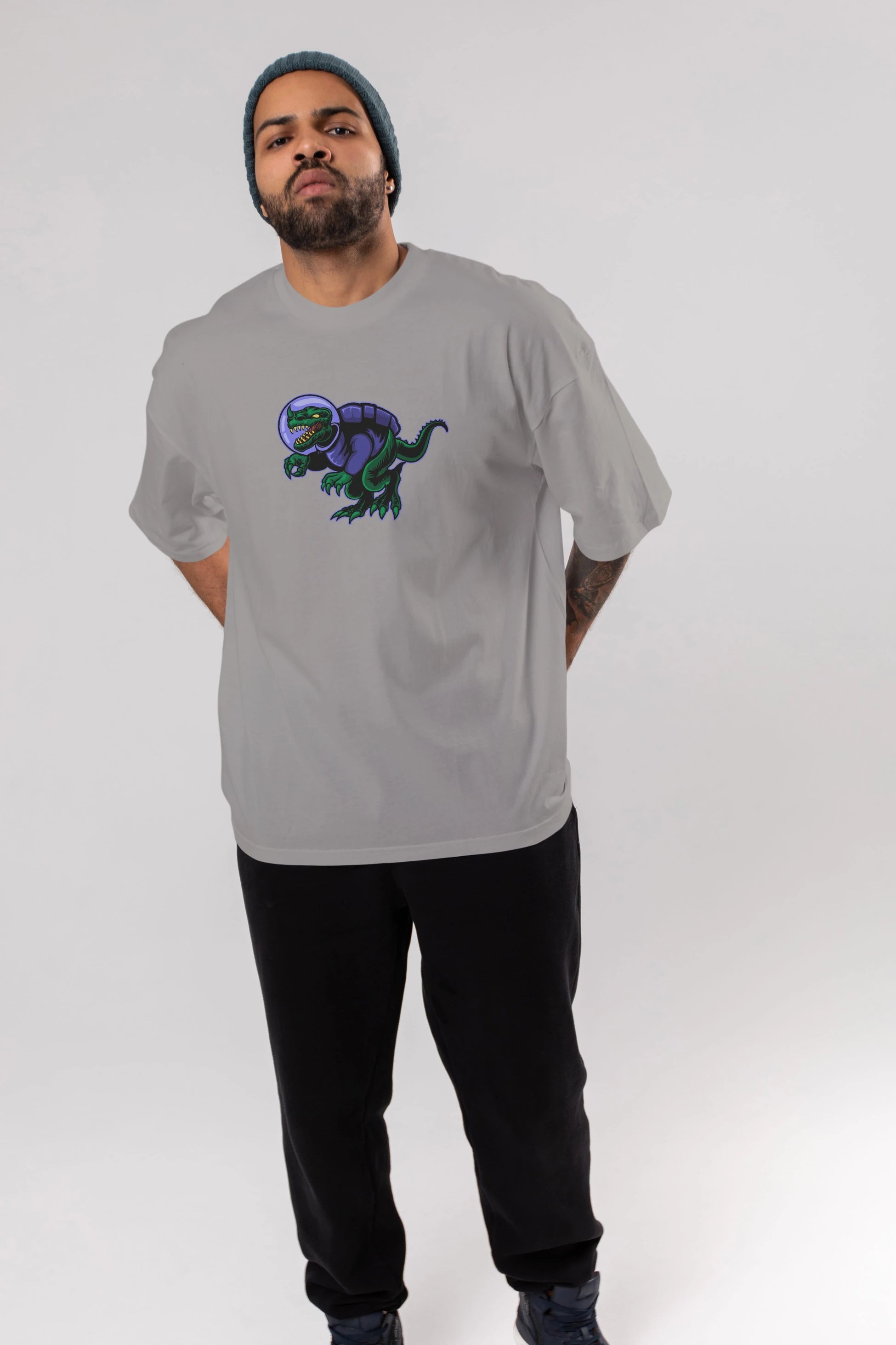 Space Dino Ön Baskılı Oversize t-shirt Erkek Kadın Unisex