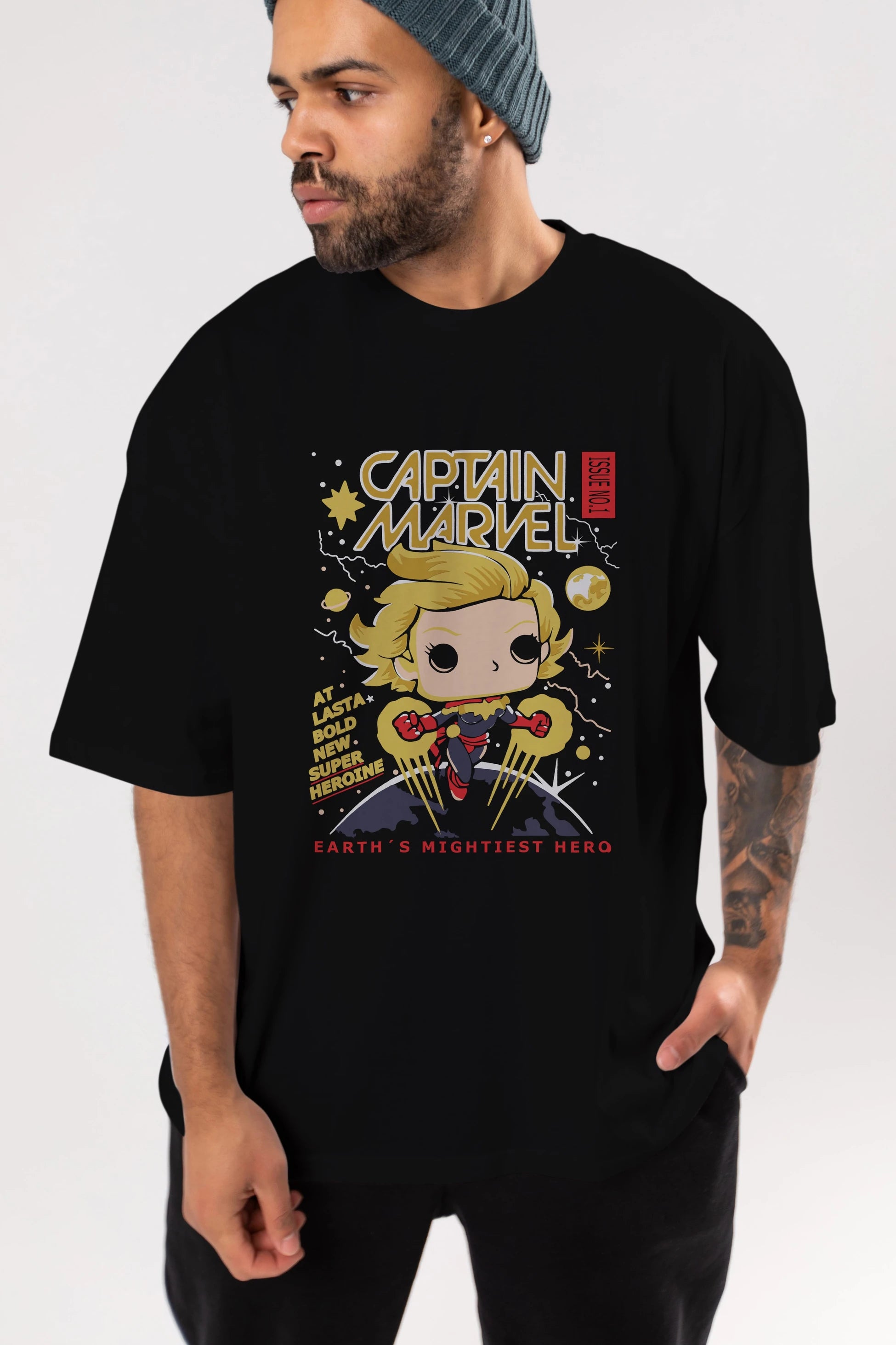 Captain Marvel Ön Baskılı Oversize t-shirt Erkek Kadın Unisex %100 Pamuk Bisiklet Yaka tişort