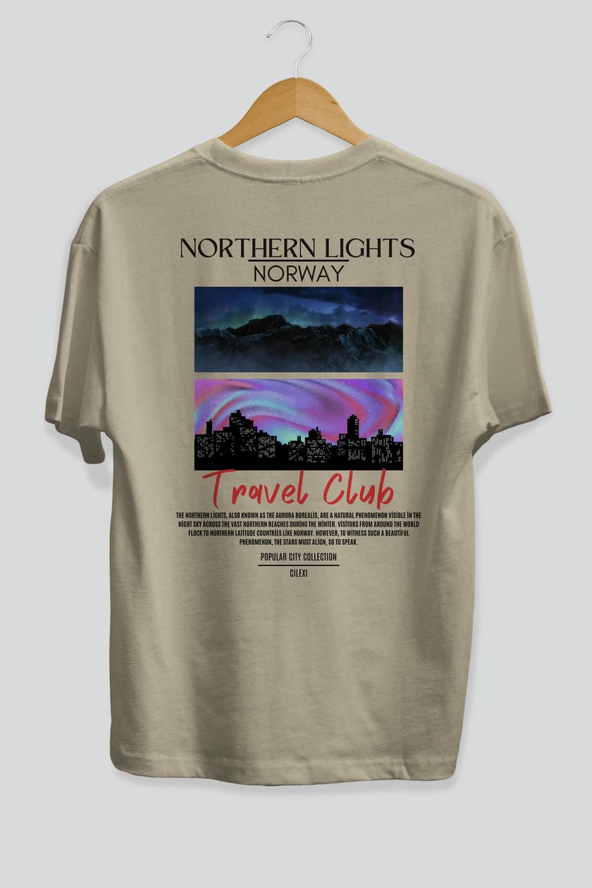 Northern Lights Norway Arka Baskılı Oversize t-shirt Erkek Kadın Pamuk Bisiklet Yaka tişort
