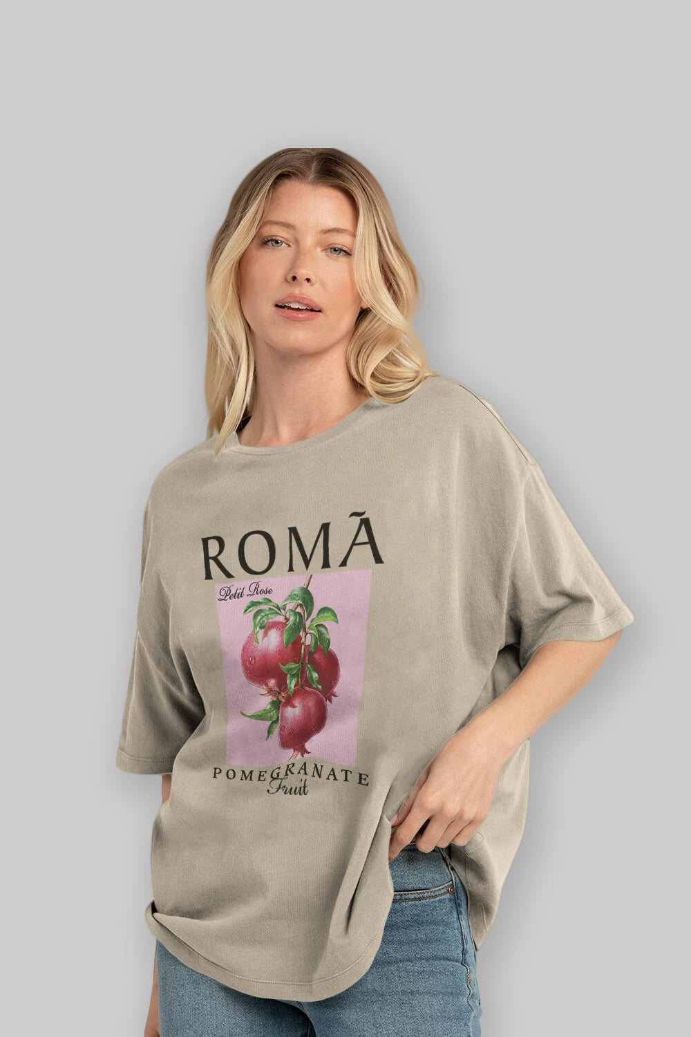 Roma Pomegranate Nar Ön Baskılı Oversize t-shirt Erkek Kadın Pamuk Bisiklet Yaka tişort