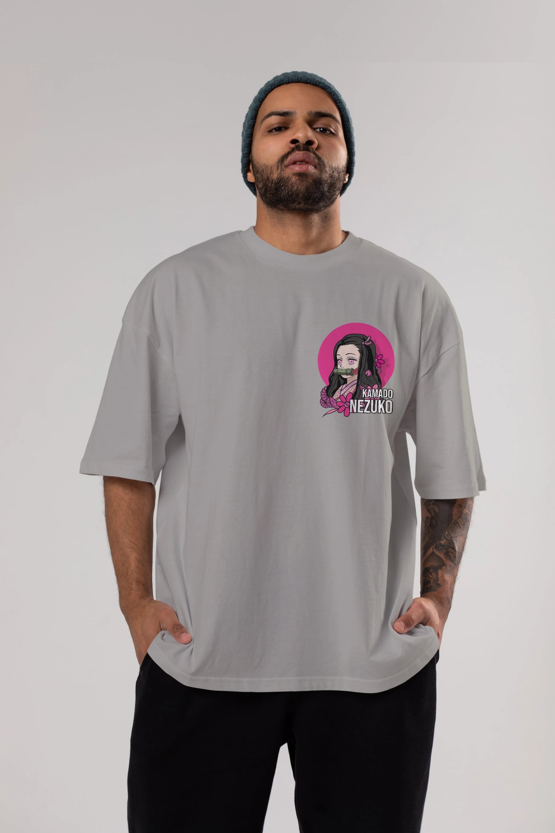 Nezuko Kamado 2 Ön Sol Baskılı Oversize t-shirt Erkek Kadın Unisex %100 Pamuk Bisiklet Yaka tişort