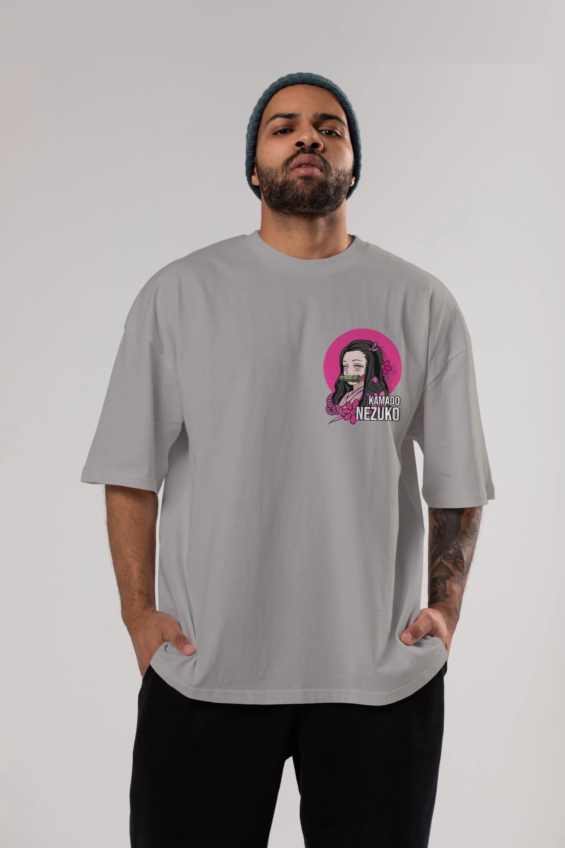 Nezuko Kamado 2 Ön Sol Baskılı Oversize t-shirt Erkek Kadın Unisex %100 Pamuk Bisiklet Yaka tişort