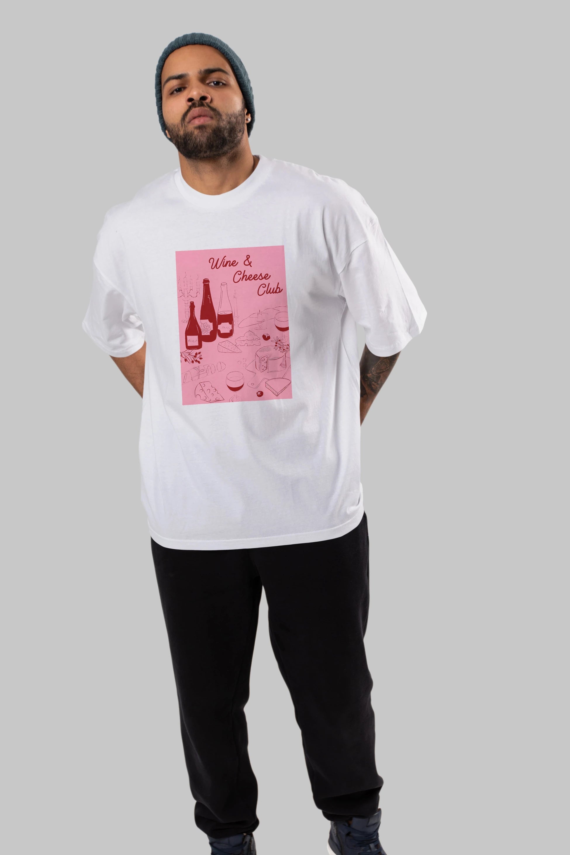 Wine Cheese Club Ön Baskılı Oversize t-shirt Erkek Kadın Unisex %100 Pamuk Bisiklet Yaka tişort
