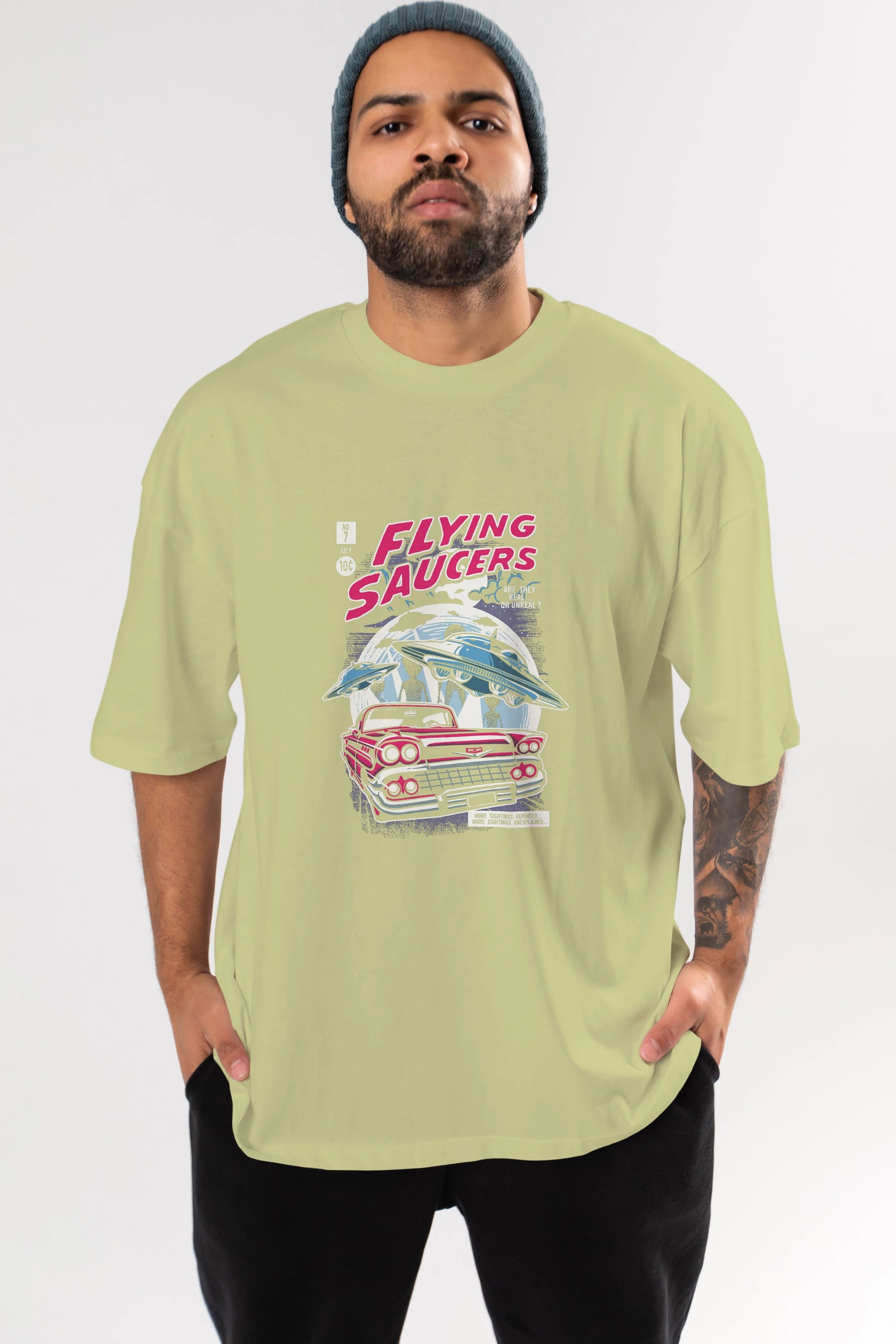Flying Saucers Ön Baskılı Oversize t-shirt Erkek Kadın Unisex %100 Pamuk tişort
