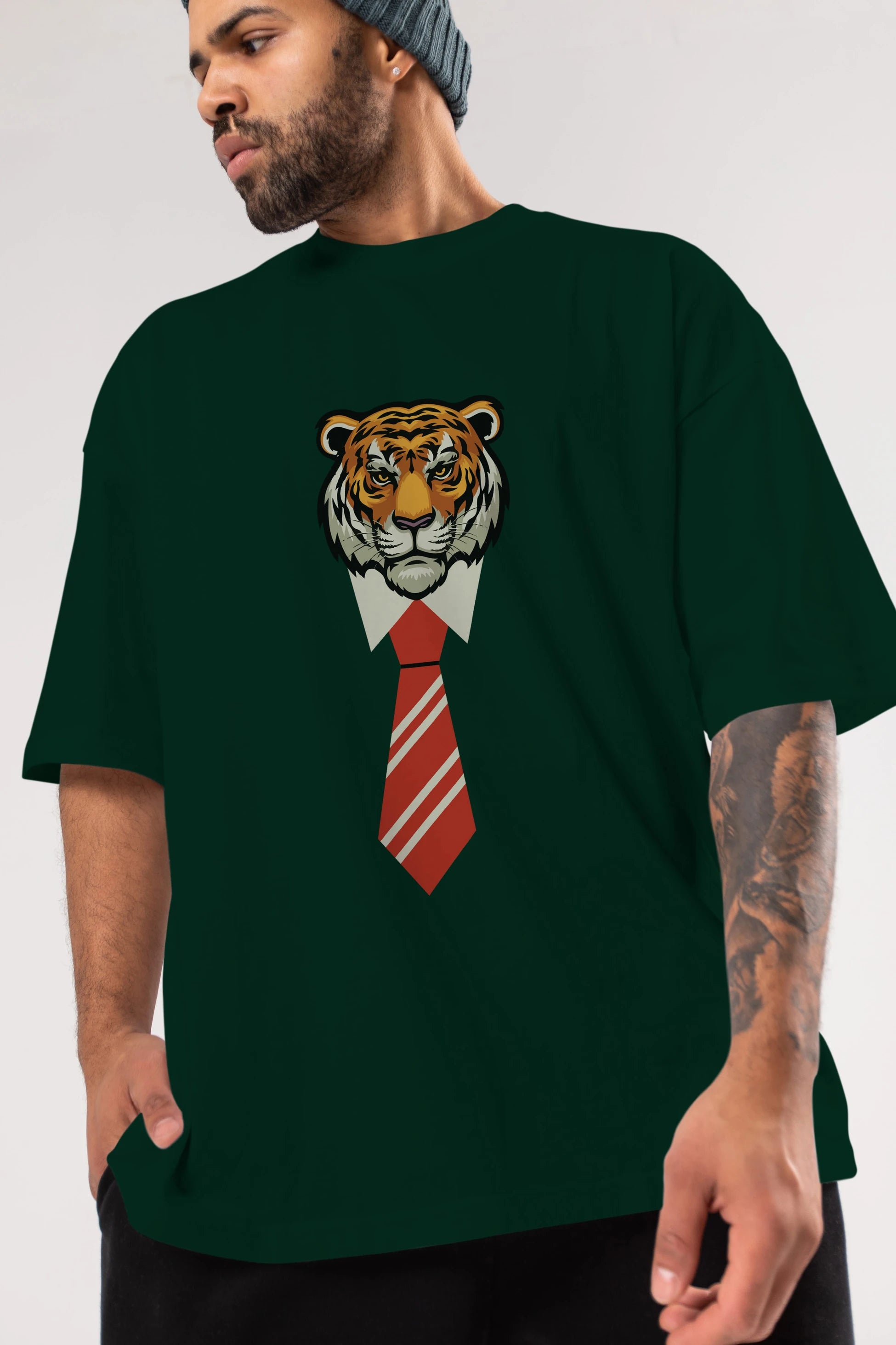 Tiger With Tie Ön Baskılı Oversize t-shirt Erkek Kadın Unisex