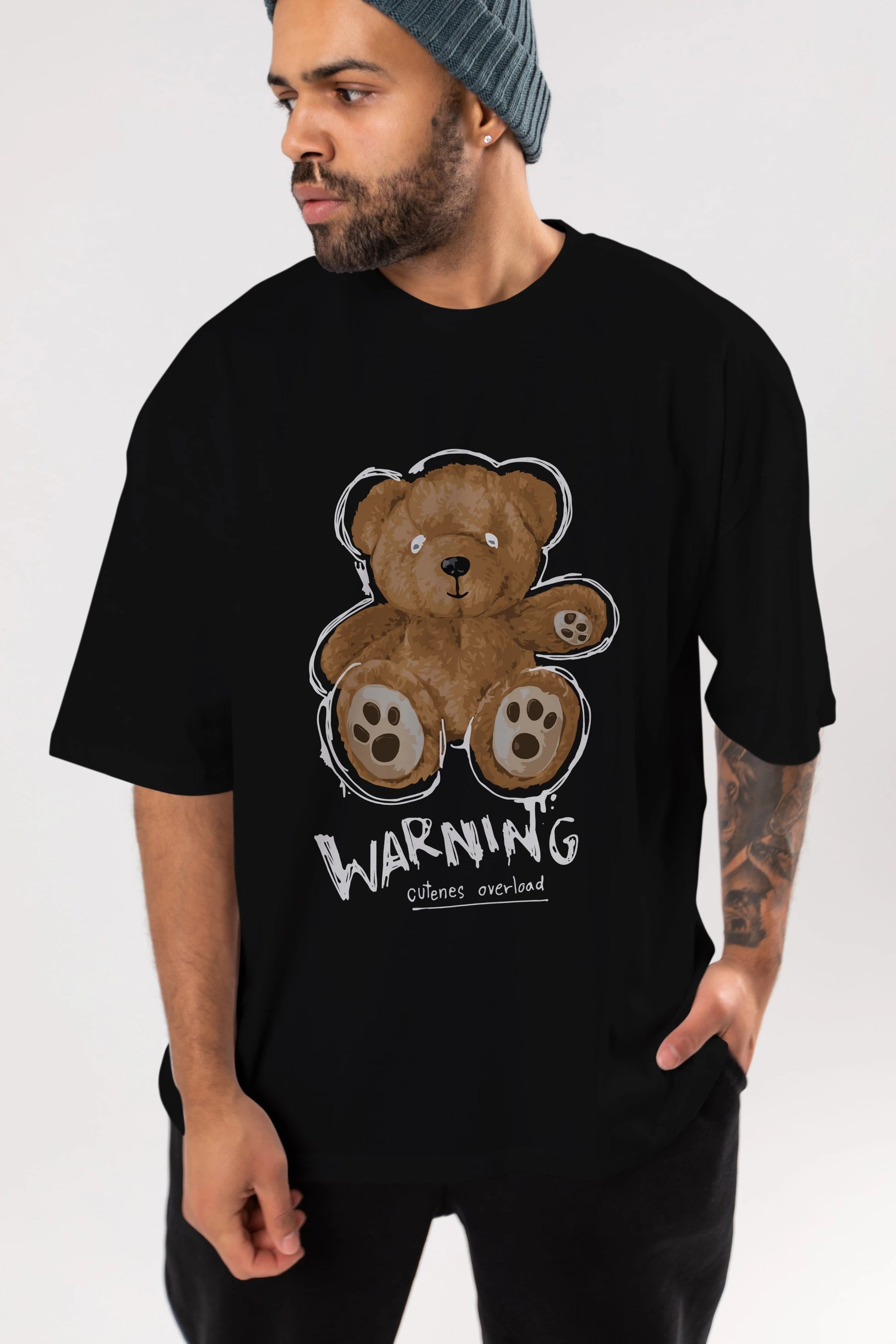 Warning Cuteness Bear Ön Baskılı Oversize t-shirt Erkek Kadın Unisex