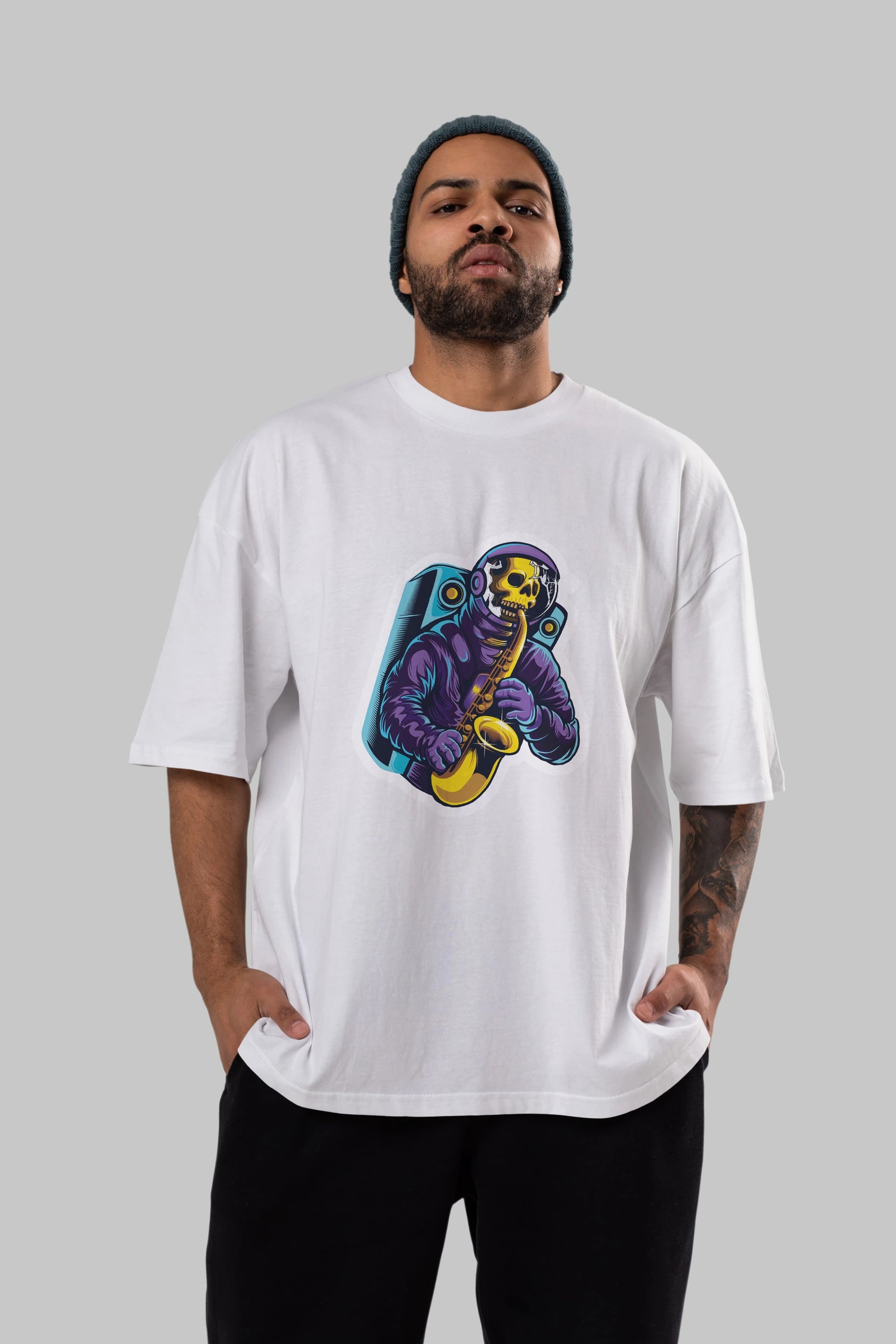 Astroskull Saxophonist Sticker Ön Baskılı Oversize t-shirt Erkek Kadın Unisex