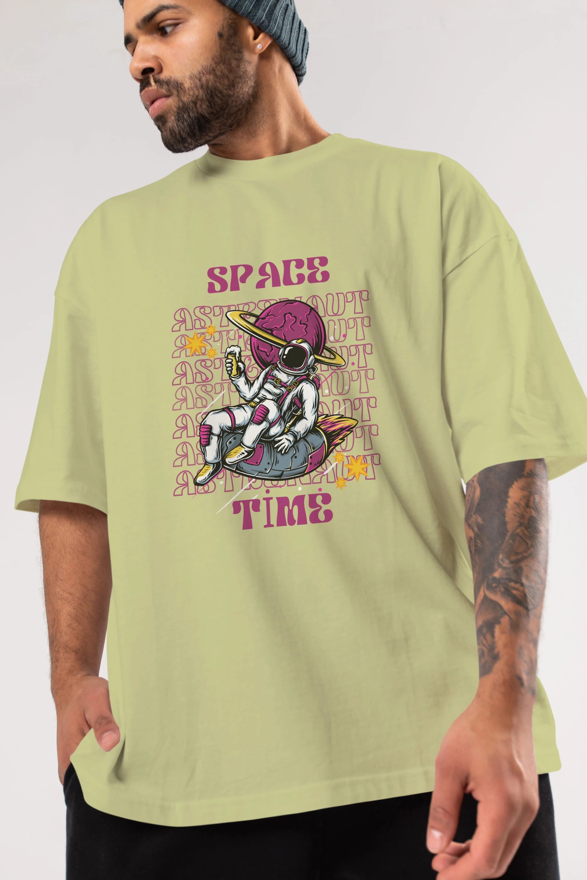 Space Time Astronaut Yazılı Ön Baskılı Oversize t-shirt Erkek Kadın Unisex