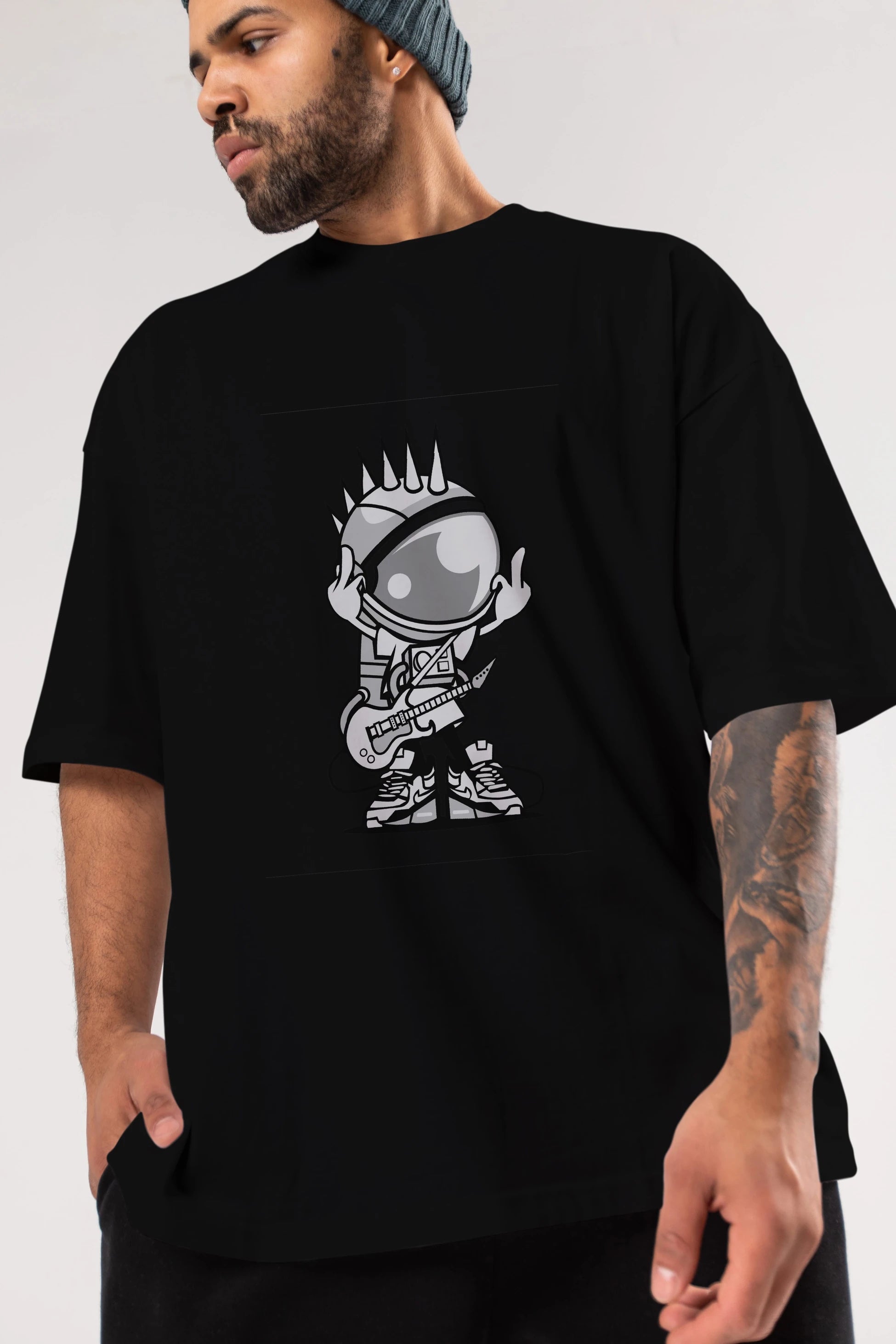Astronaut Punk Rock Ön Baskılı Oversize t-shirt Erkek Kadın Unisex %100 Pamuk tişort