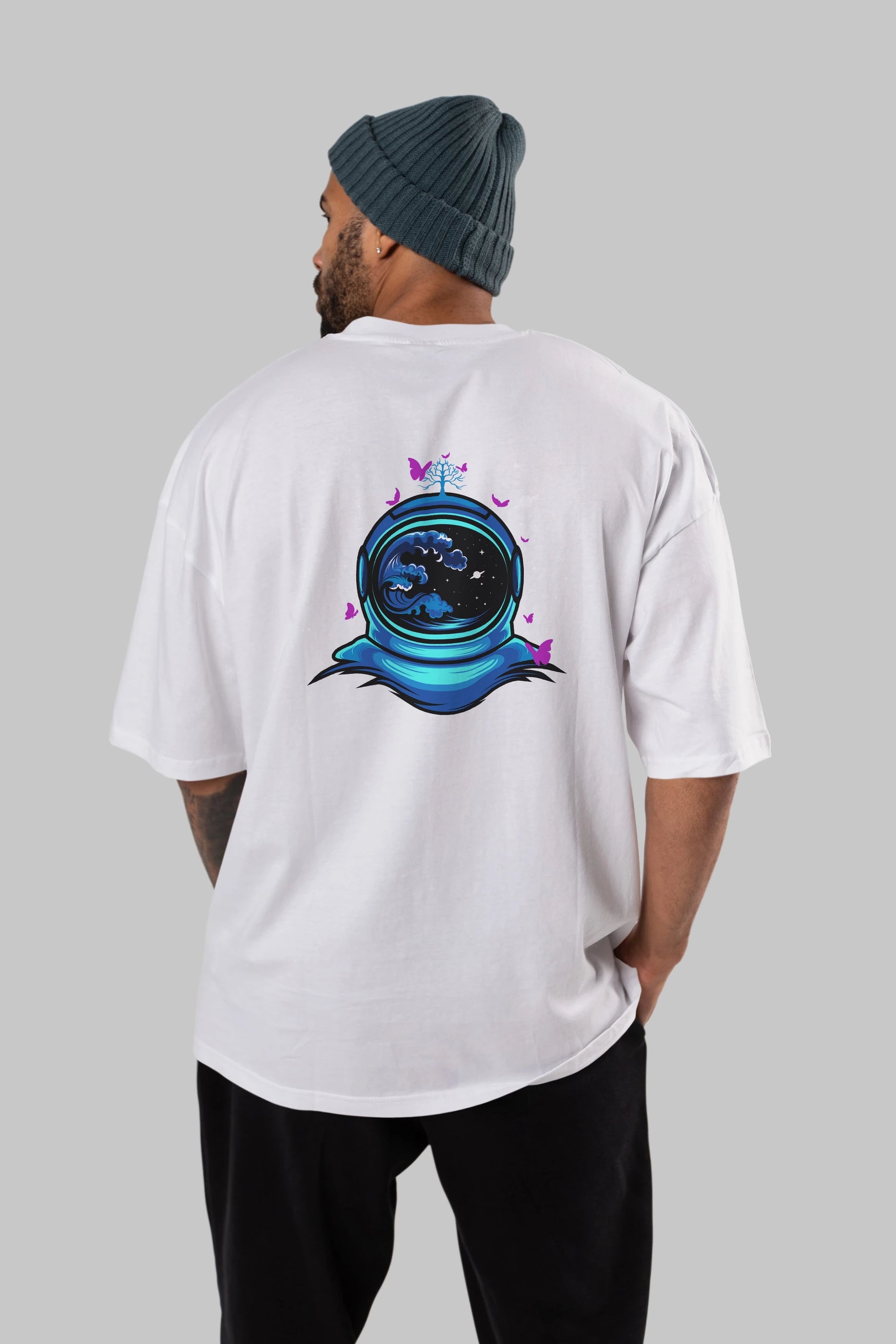 Astronaut and Butterfly Arka Baskılı Oversize t-shirt Erkek Kadın Unisex