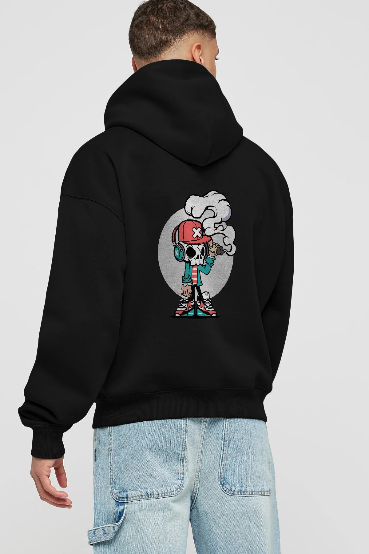 Skull Headphone Arka Baskılı Hoodie Oversize Kapüşonlu Sweatshirt Erkek Kadın Unisex