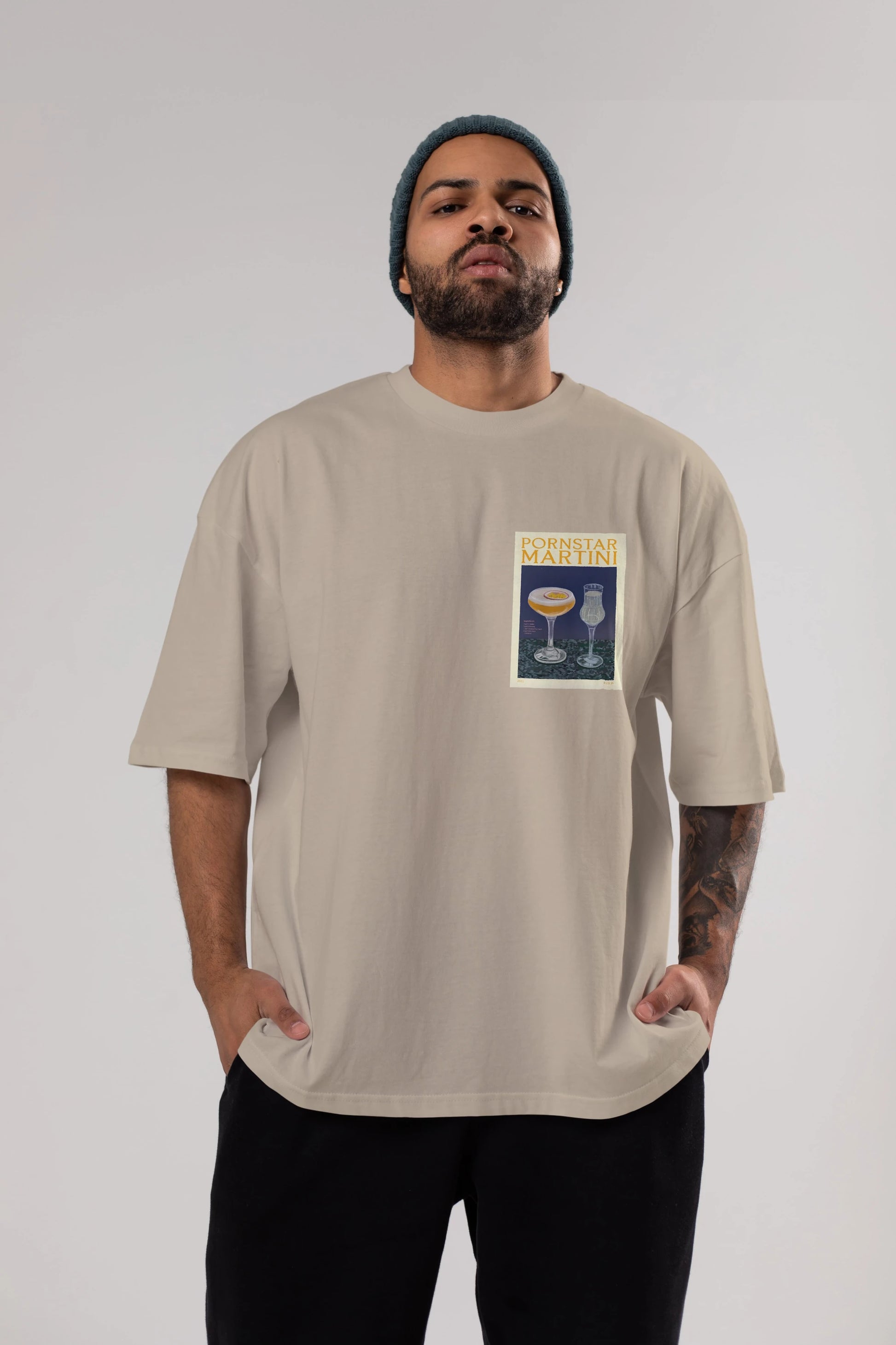 P.rnstar Martini Ön Sol Baskılı Oversize t-shirt Erkek Kadın Unisex %100 Pamuk Bisiklet Yaka tişort