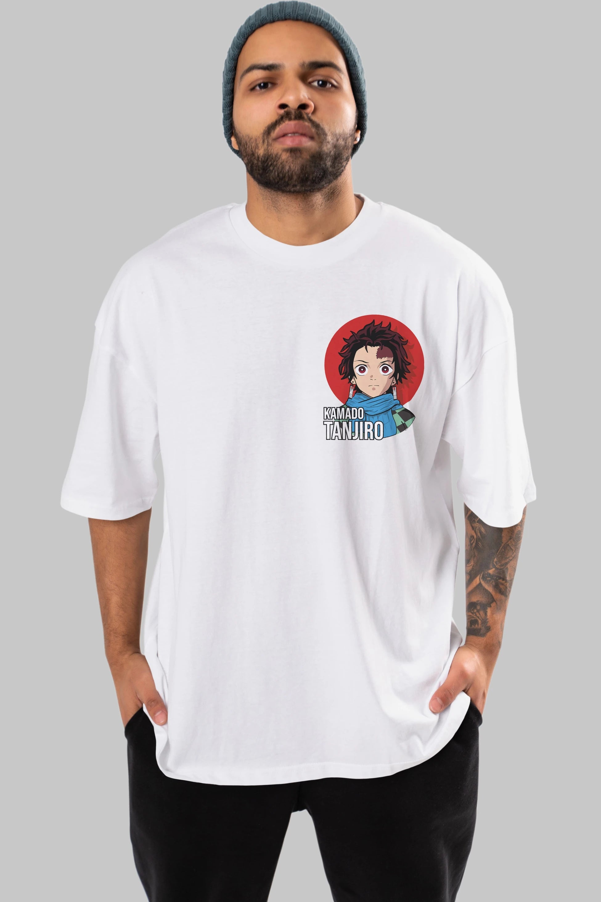 TANJIRO KAMADO Ön Sol Baskılı Oversize t-shirt Erkek Kadın Unisex %100 Pamuk Bisiklet Yaka tişort
