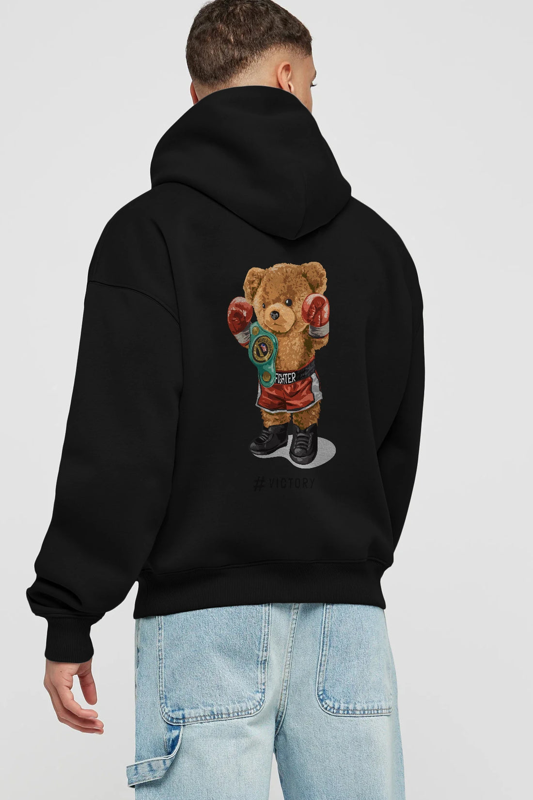 Teddy Bear Victory Arka Baskılı Hoodie Oversize Kapüşonlu Sweatshirt Erkek Kadın Unisex