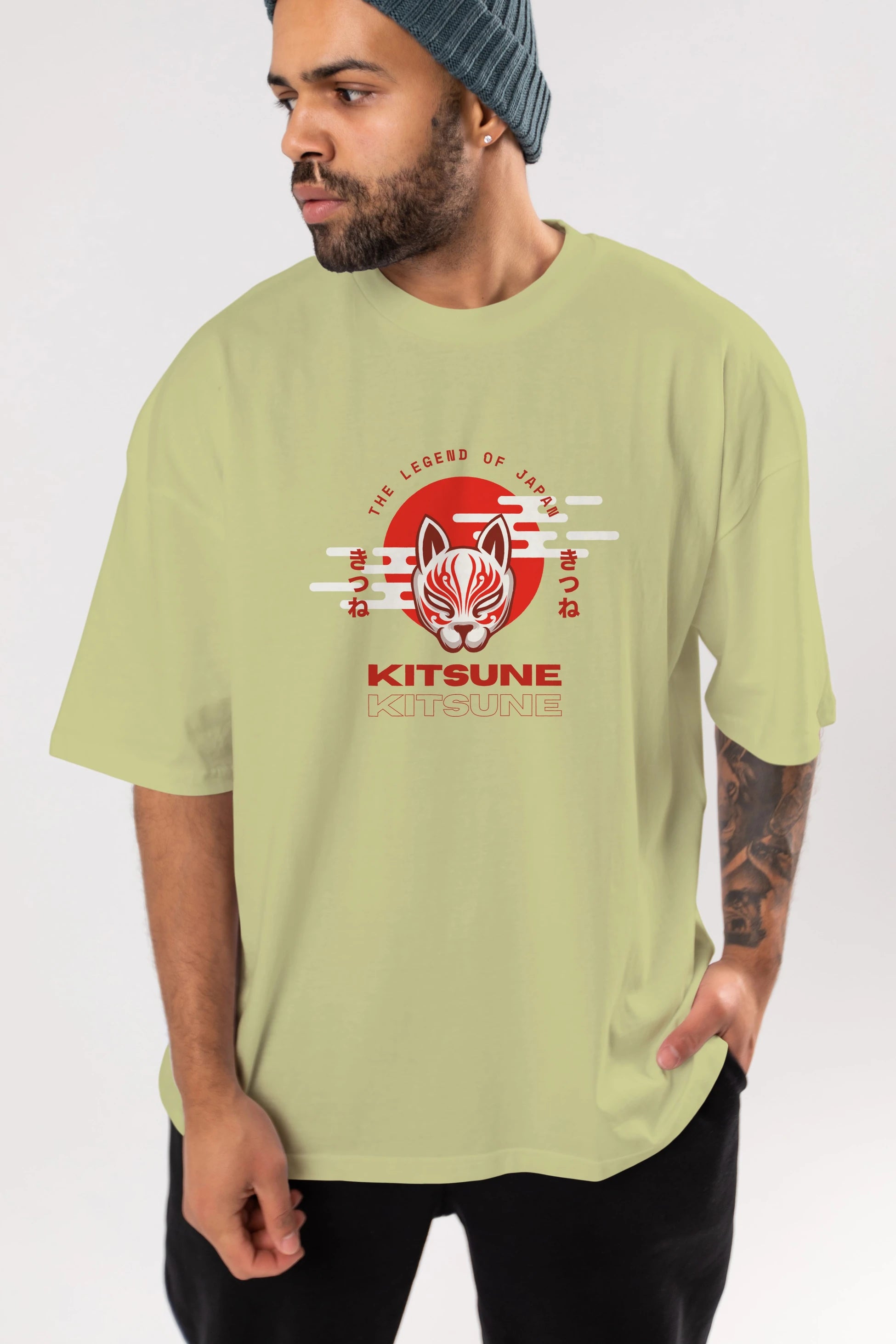 Kitsune Mask Ön Baskılı Oversize t-shirt Erkek Kadın Unisex