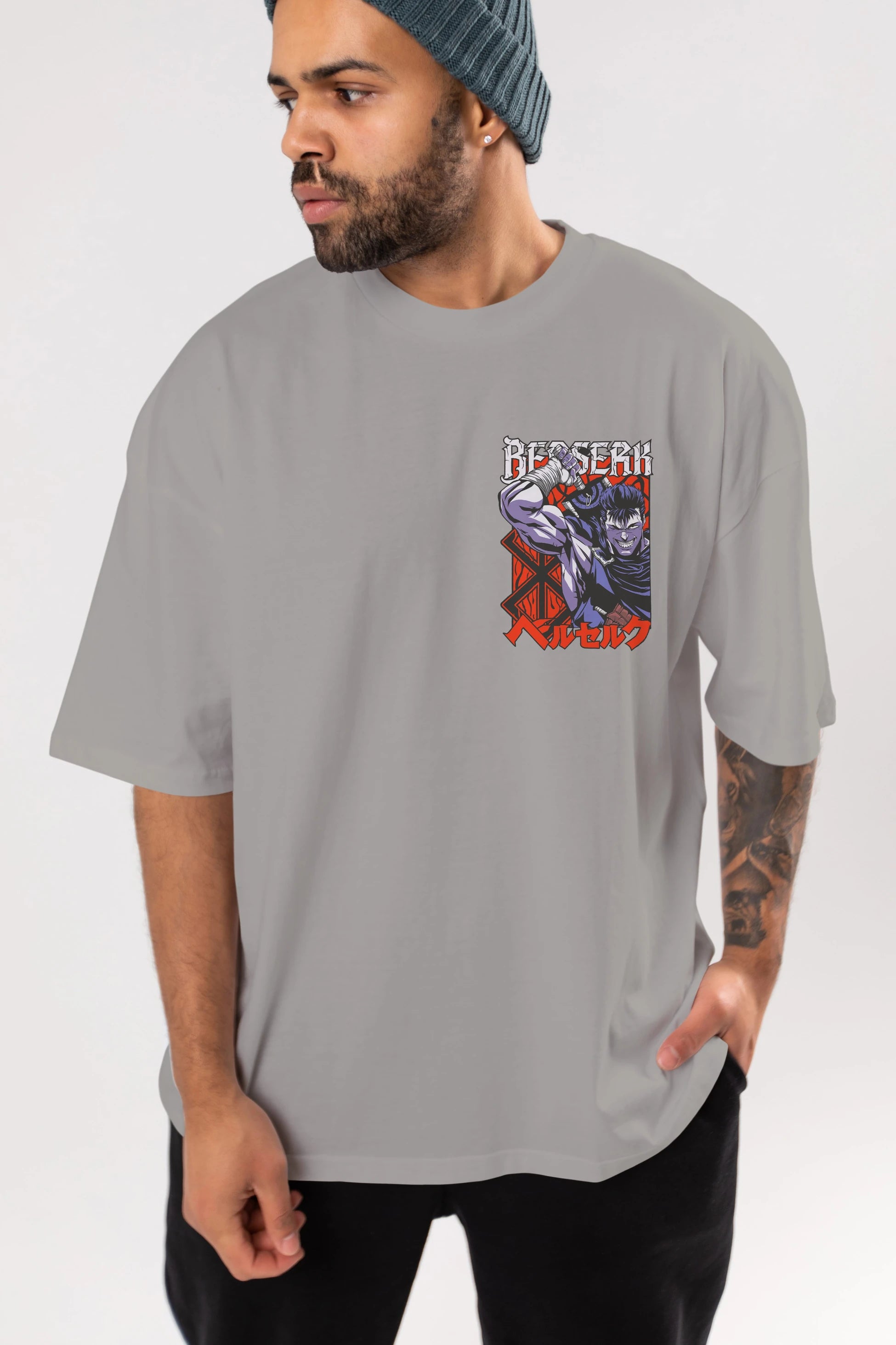 GUTS berserk Ön Sol Baskılı Oversize t-shirt Erkek Kadın Unisex %100 Pamuk Bisiklet Yaka tişort