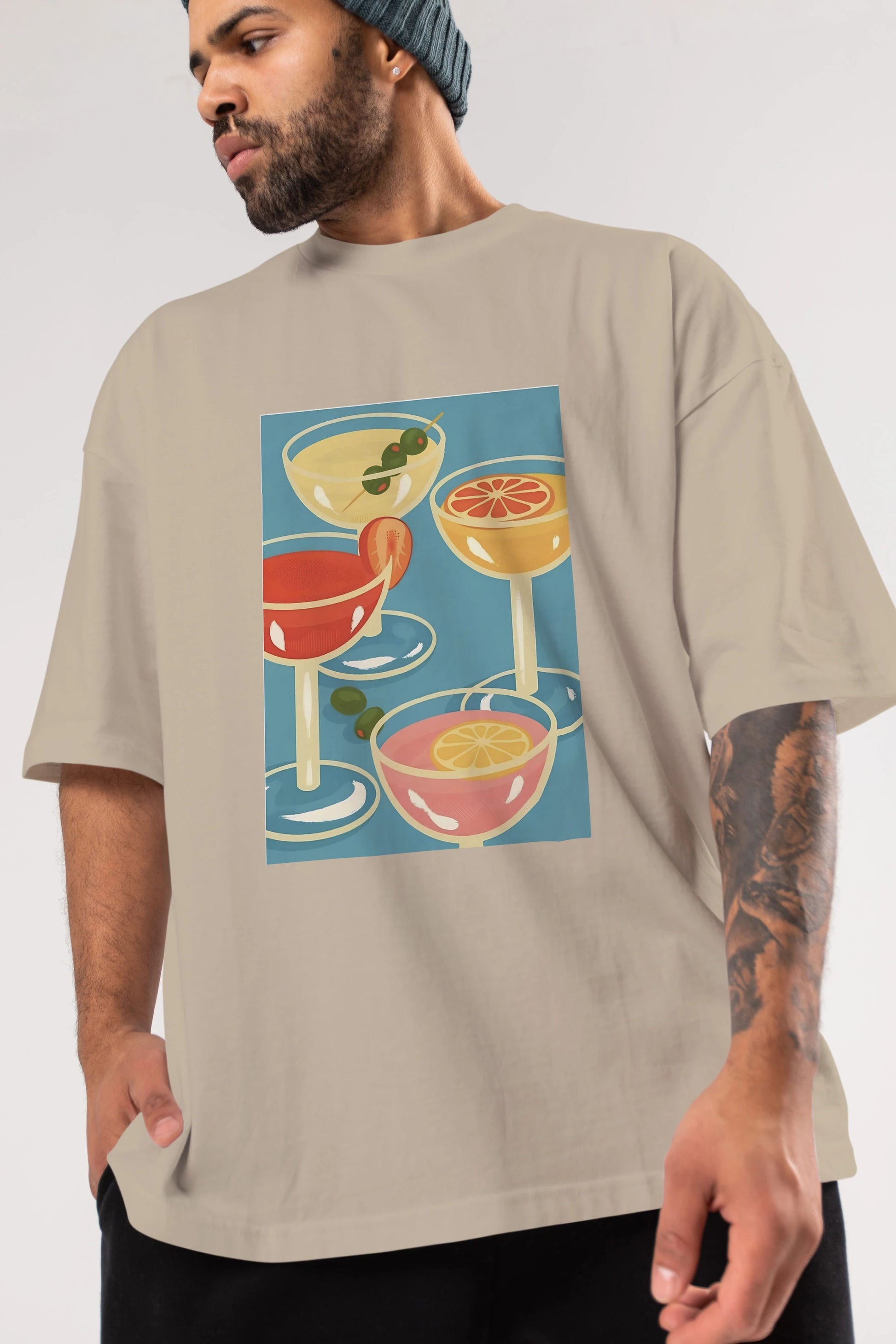 Cocktails Ön Baskılı Oversize t-shirt Erkek Kadın Unisex %100 Pamuk Bisiklet Yaka tişort