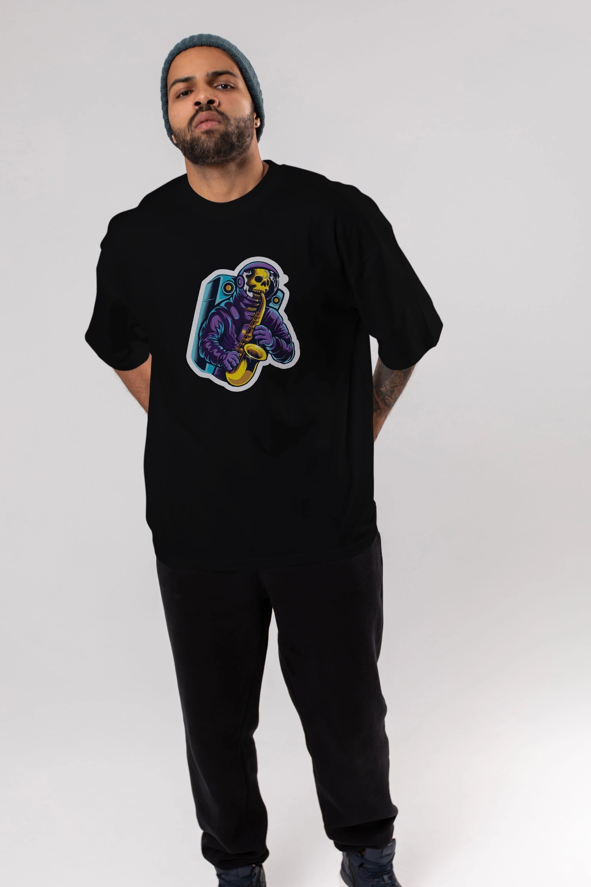 Astroskull Saxophonist Sticker Ön Baskılı Oversize t-shirt Erkek Kadın Unisex