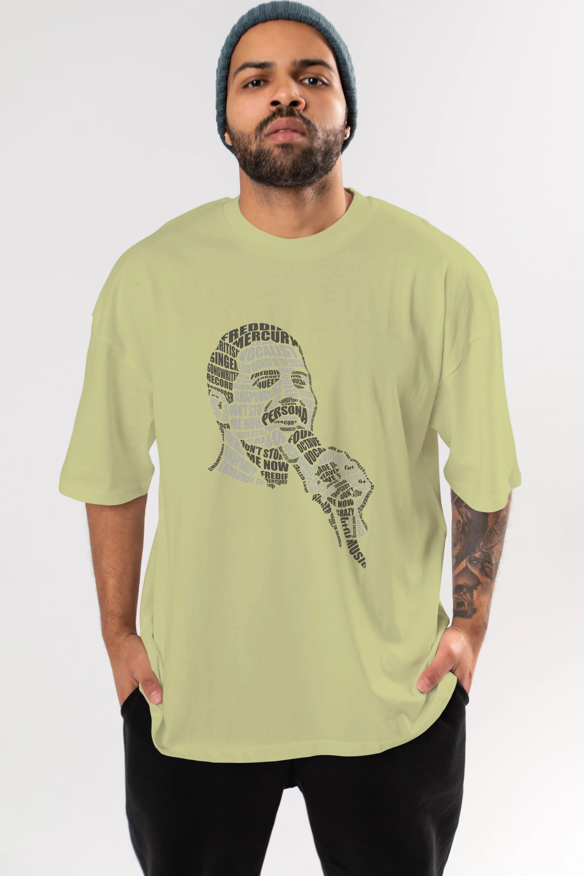 Freddy Mercuri Calligram Ön Baskılı Oversize t-shirt %100 pamuk Erkek Kadın Unisex