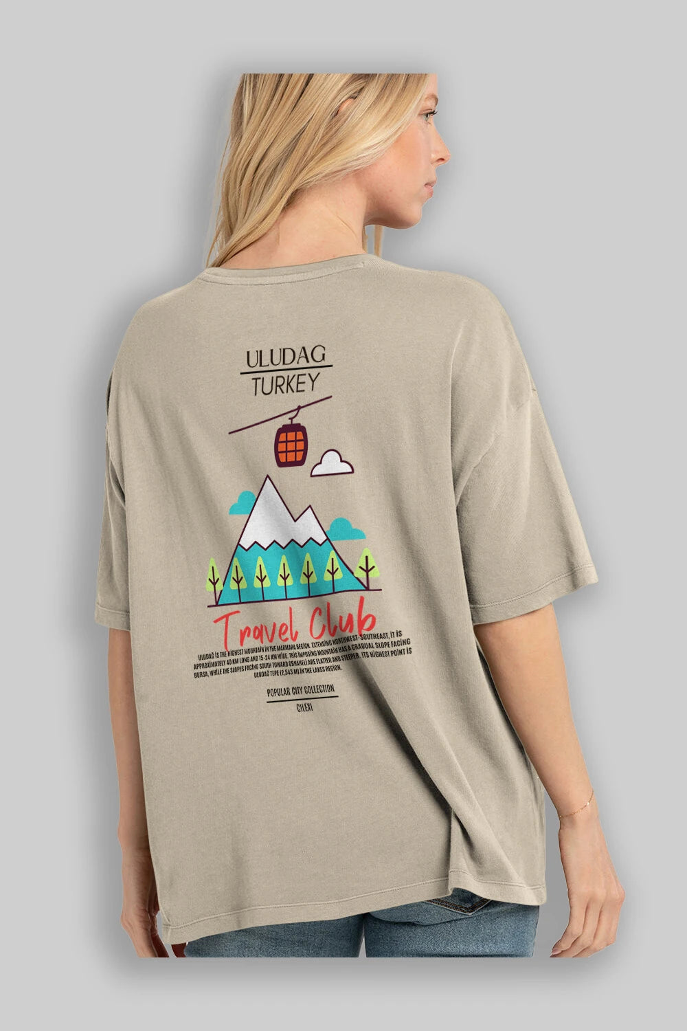 Uludağ Turkey Arka Baskılı Oversize t-shirt Erkek Kadın Pamuk Bisiklet Yaka tişort