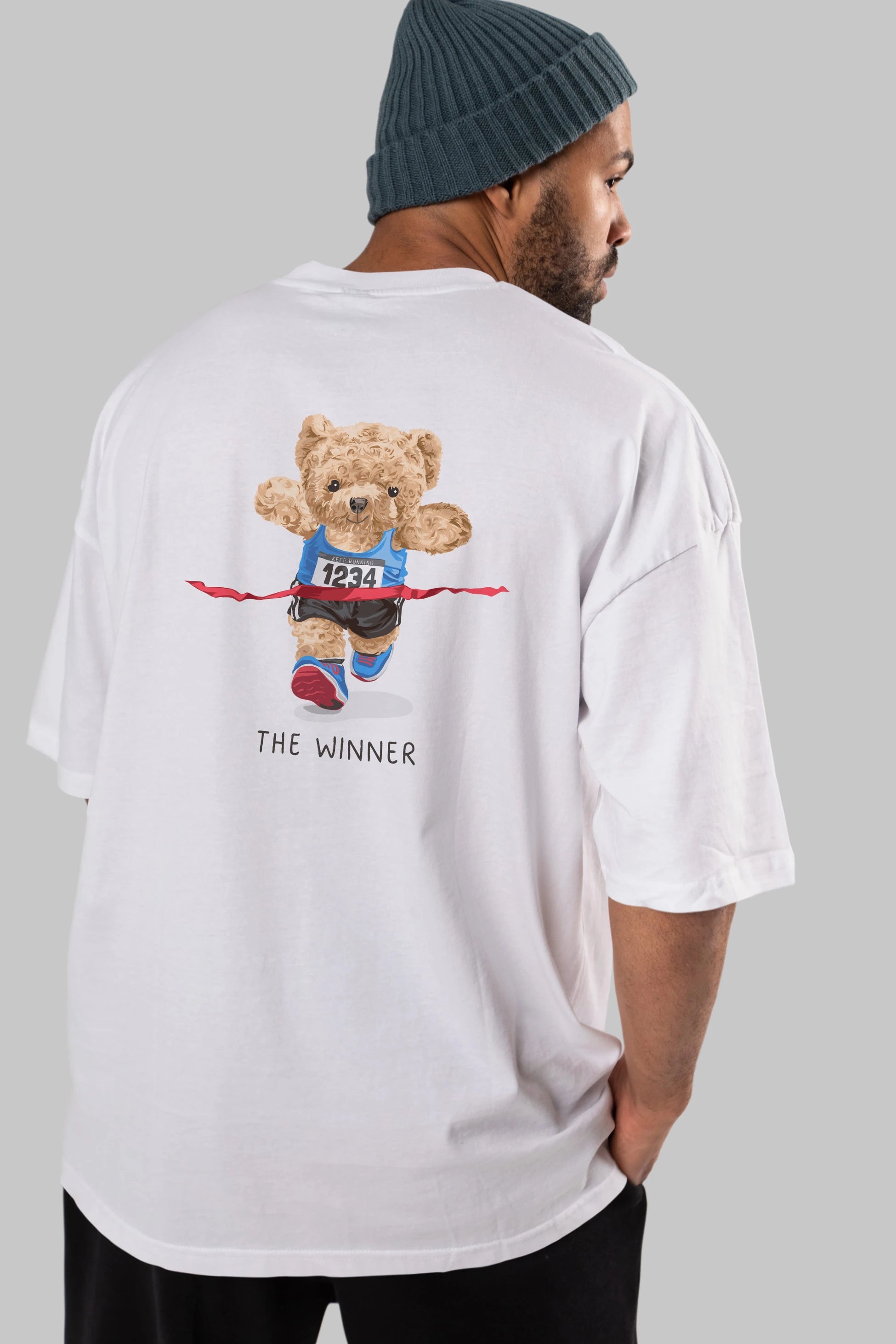 Teddy Bear The Winner Arka Baskılı Oversize t-shirt Erkek Kadın Unisex %100 Pamuk