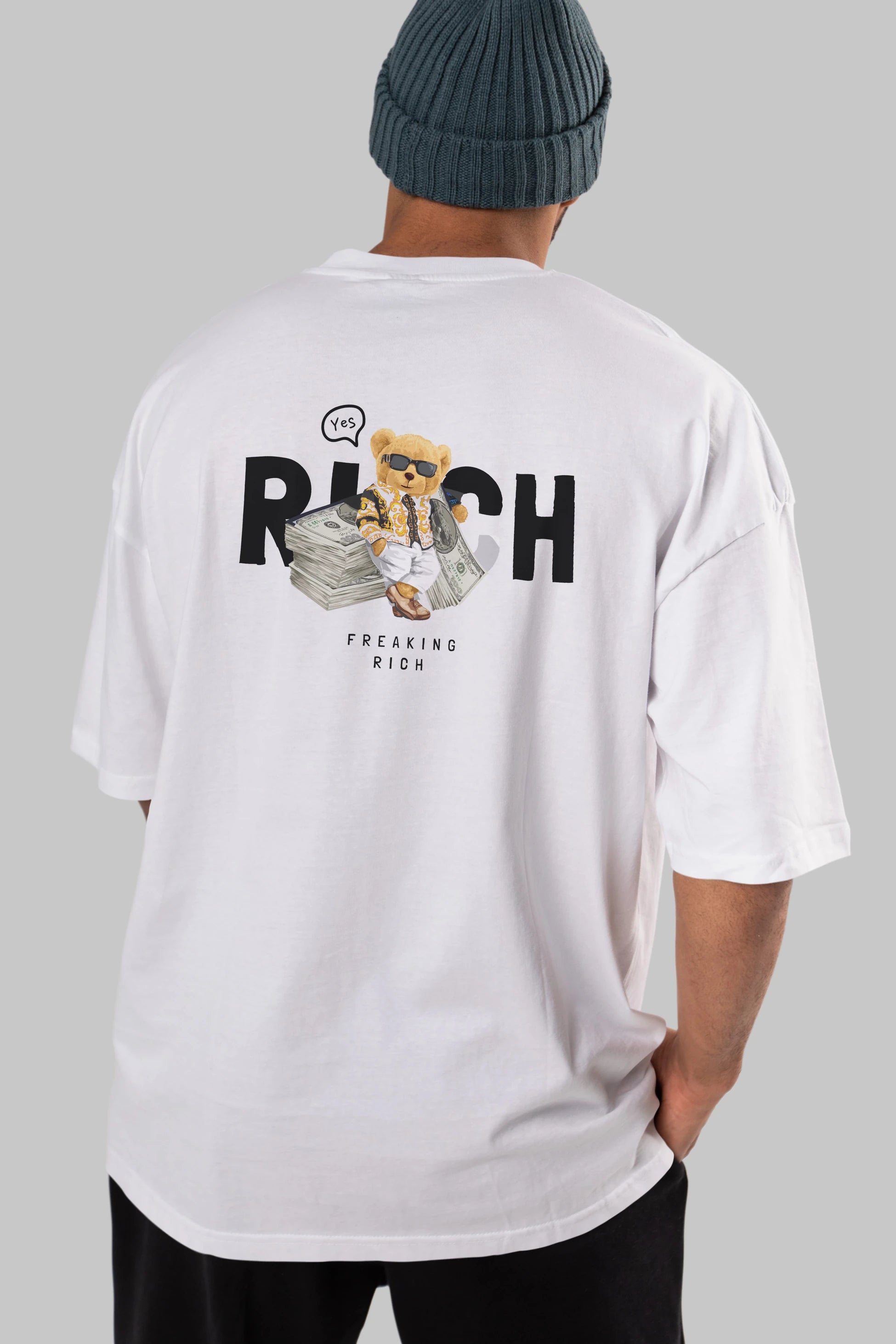 Teddy Bear Freakıng Rich Arka Baskılı Oversize t-shirt Erkek Kadın Unisex %100 Pamuk