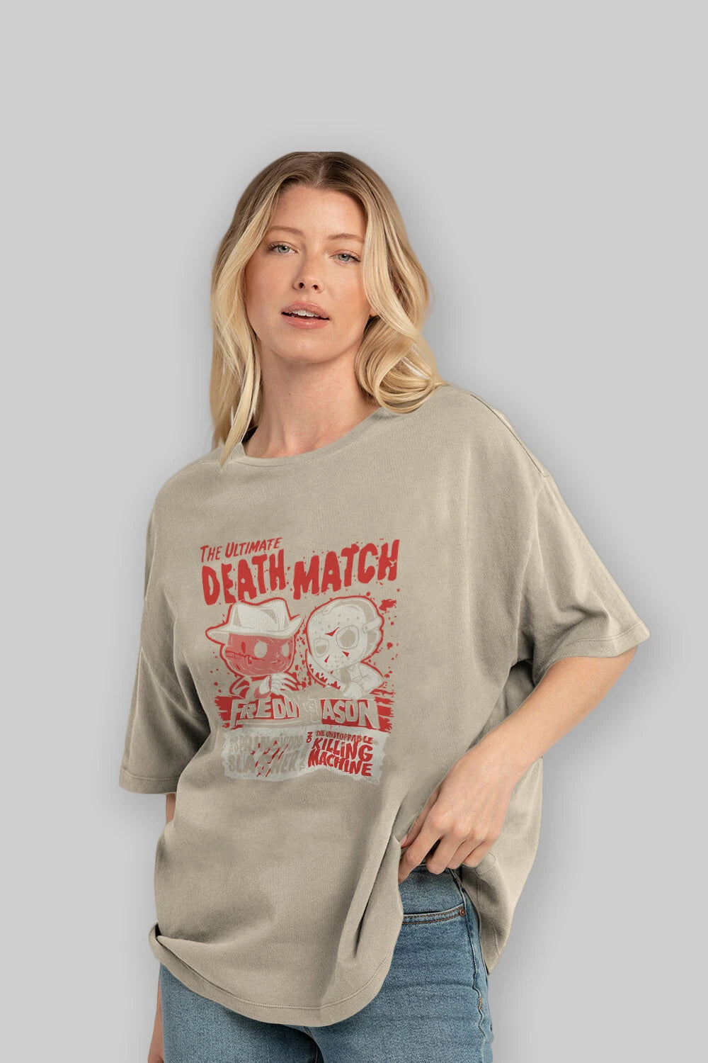 Freddy vs Jason Ön Baskılı Oversize t-shirt Erkek Kadın Unisex %100 Pamuk Bisiklet Yaka tişort