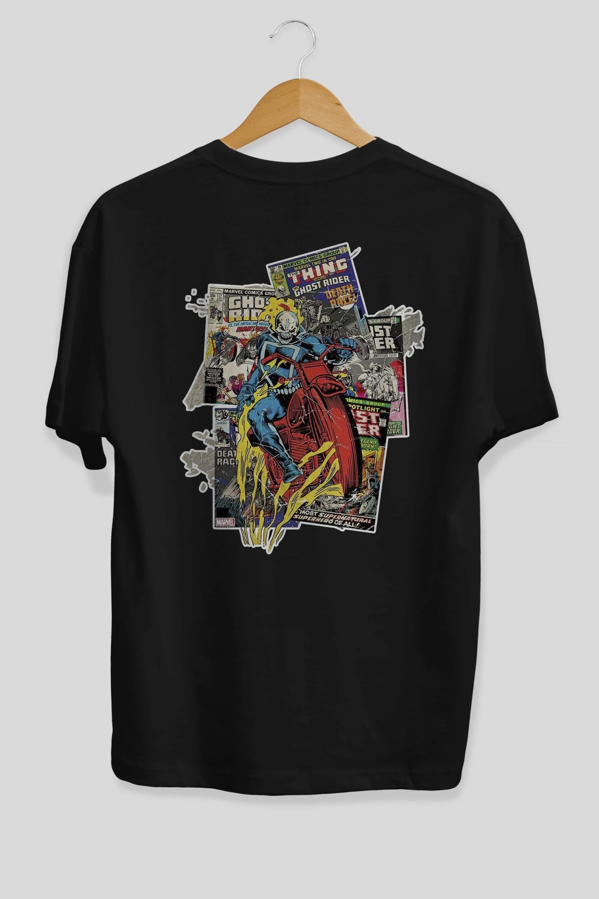 Ghost Rider Arka Baskılı Oversize t-shirt Erkek Kadın Unisex %100 Pamuk Bisiklet Yaka tişort