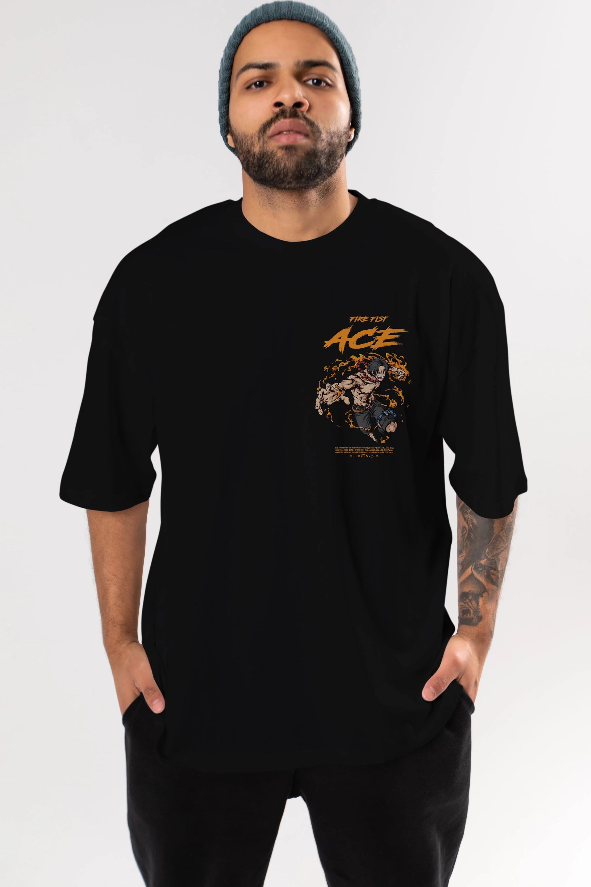 Fire Fist Ace Ön Sol Baskılı Oversize t-shirt Erkek Kadın Unisex %100 Pamuk Bisiklet Yaka tişort