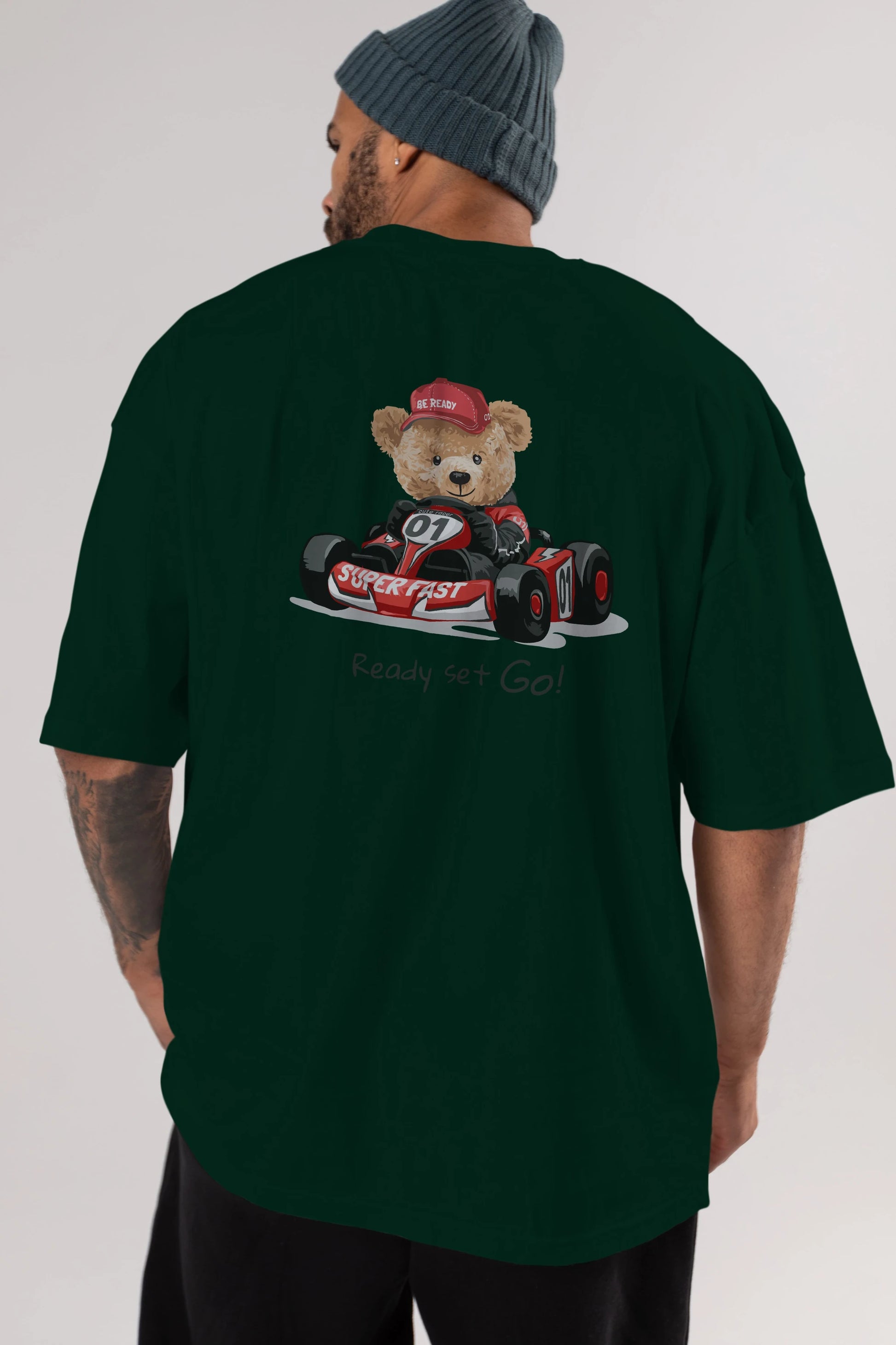 Teddy Bear Ready Set Go Arka Baskılı Oversize t-shirt Erkek Kadın Unisex %100 Pamuk