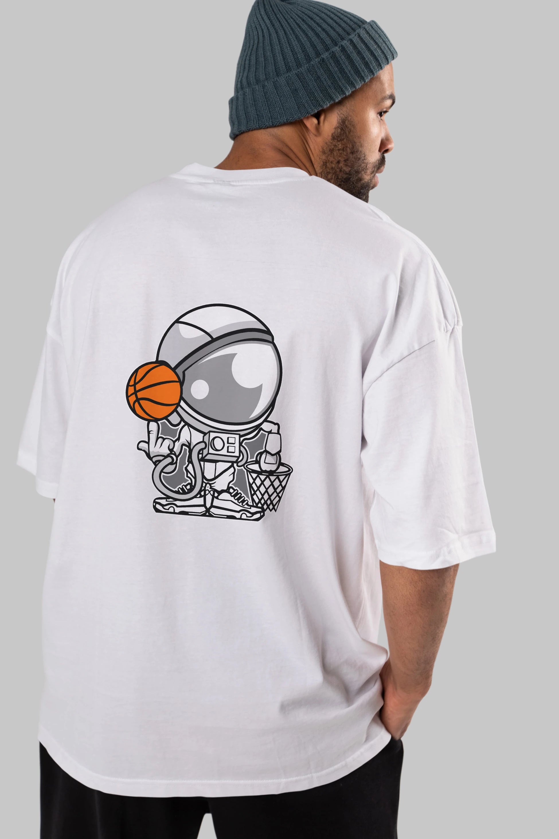 Astronaut Basketball Arka Baskılı Oversize t-shirt Erkek Kadın Unisex %100 Pamuk tişort