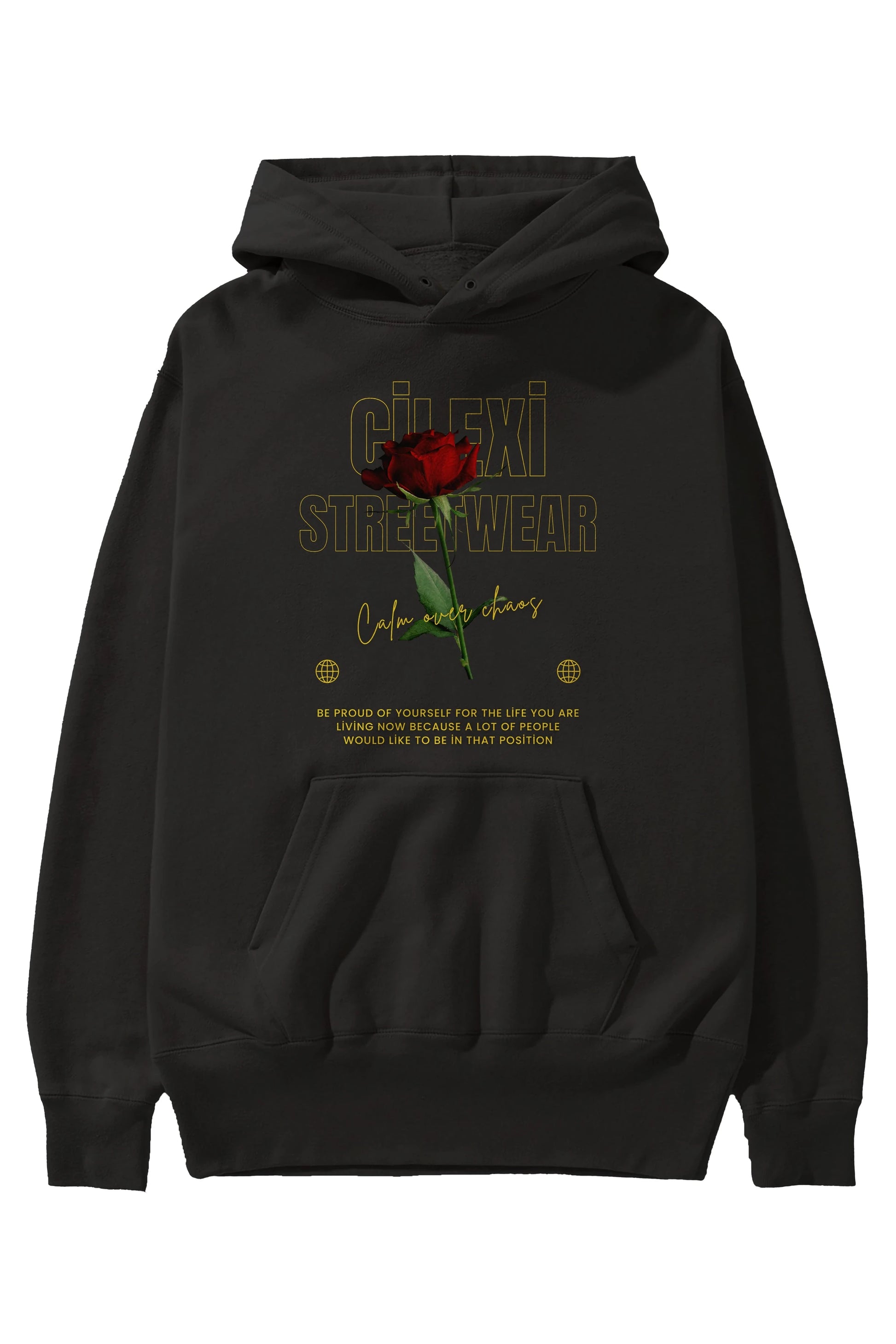 Rose Cilexi Streetwear Ön Baskılı Oversize Hoodie Kapüşonlu Sweatshirt Erkek Kadın Unisex