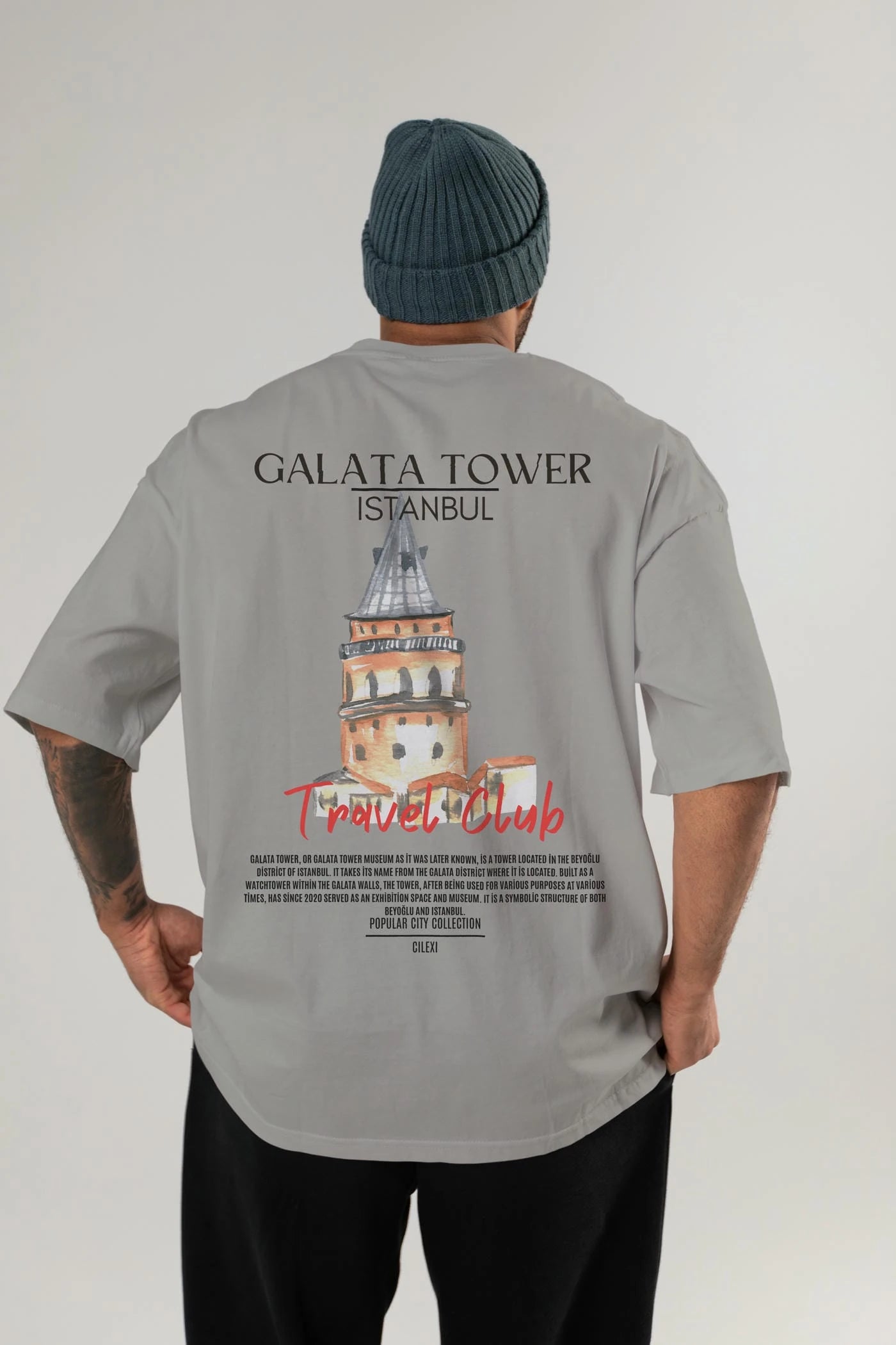 Galata Tower İstanbul Arka Baskılı Oversize t-shirt Erkek Kadın Pamuk Bisiklet Yaka tişort