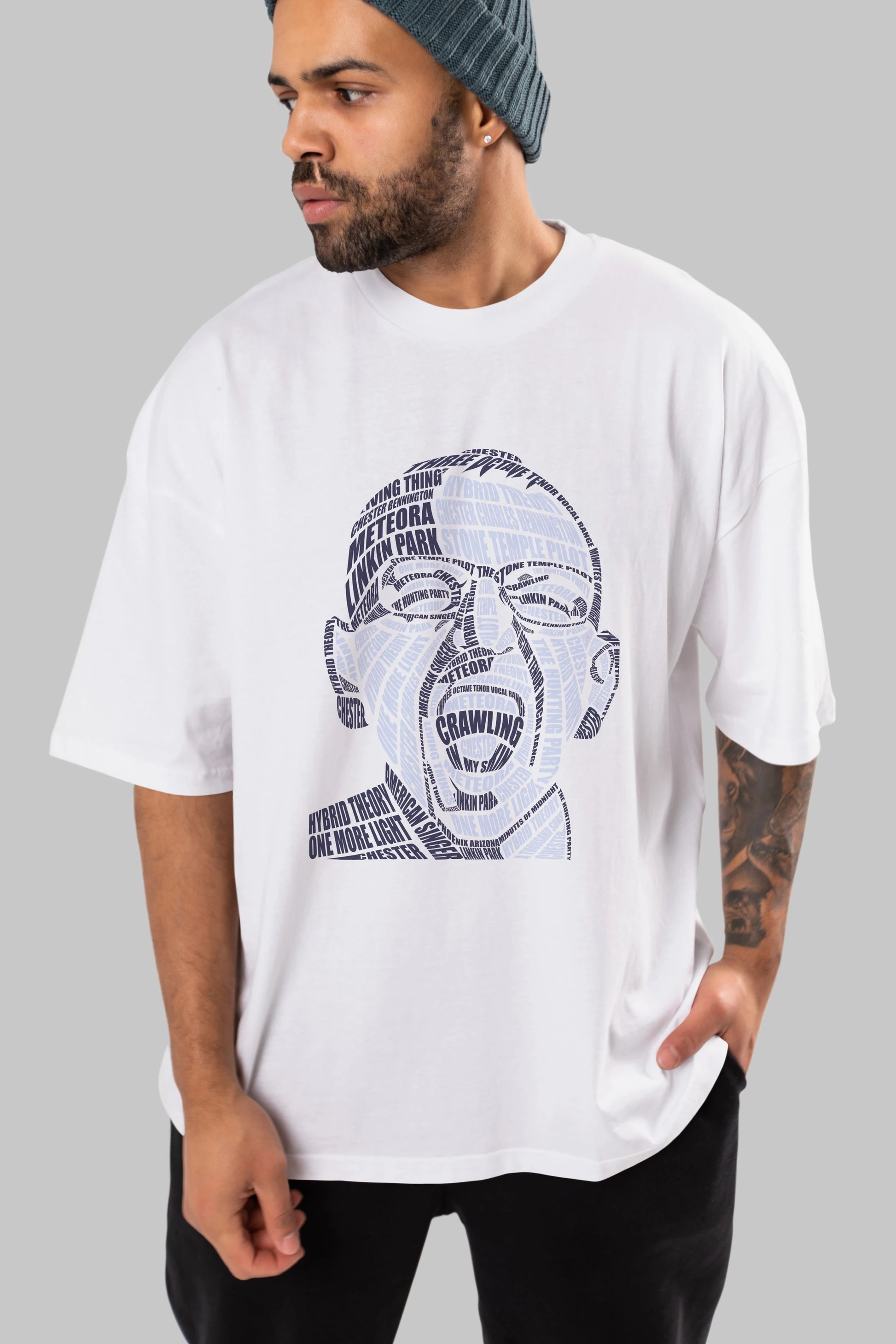 Chester Bennington Calligram Ön Baskılı Oversize t-shirt %100 pamuk Erkek Kadın Unisex
