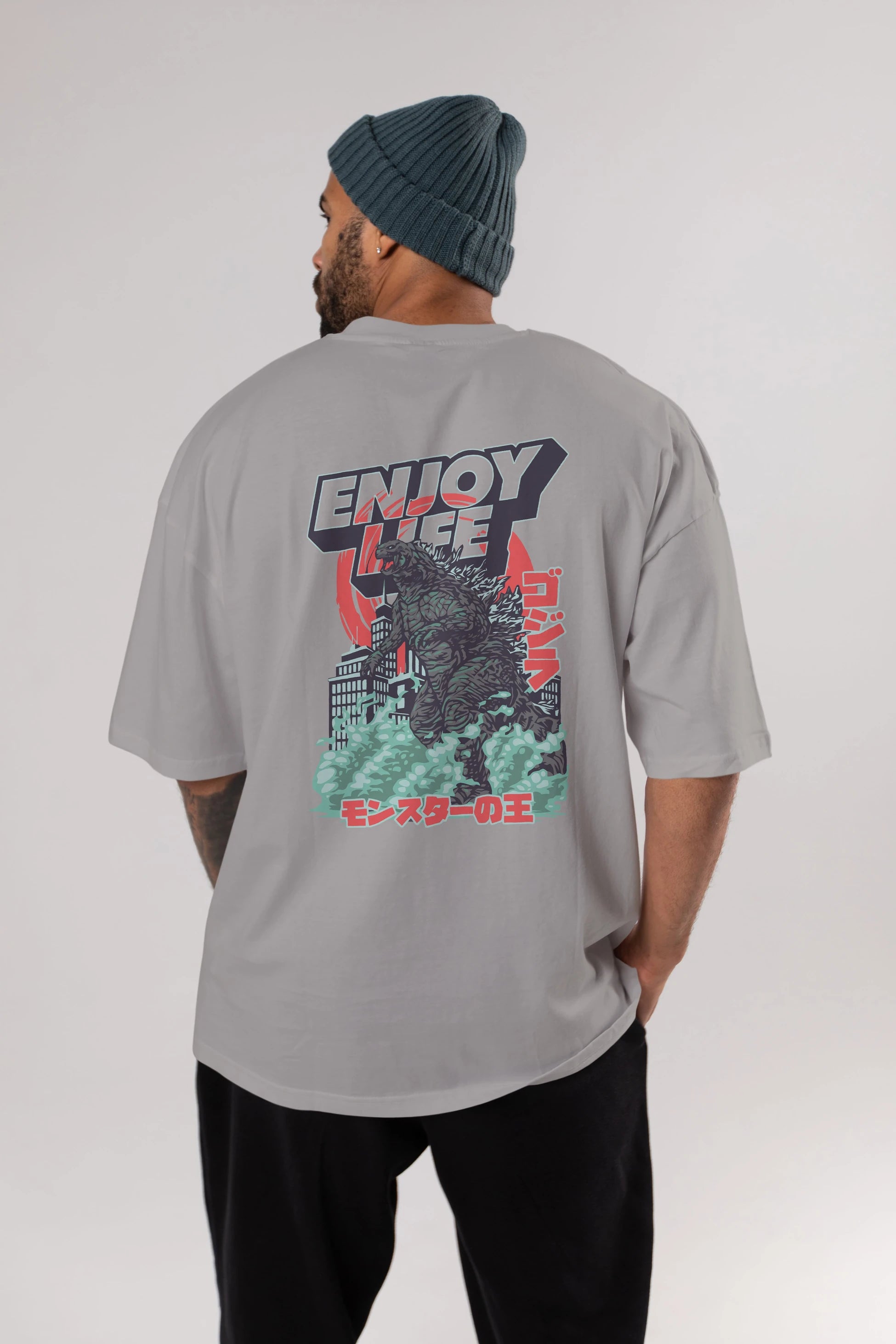 Godzilla Arka Baskılı Oversize t-shirt Erkek Kadın Unisex %100 Pamuk Bisiklet Yaka tişort