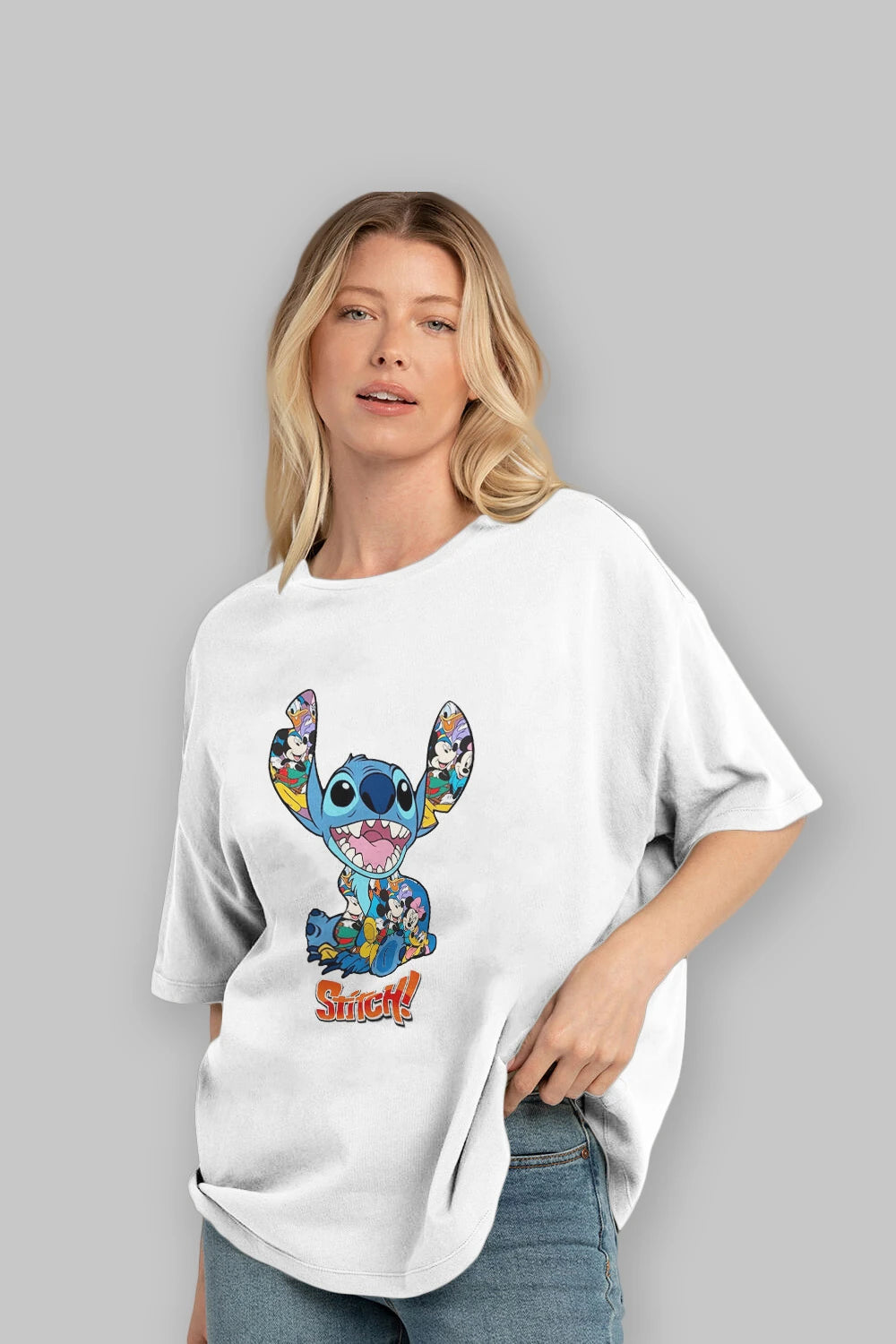 Stitch Ön Baskılı Oversize t-shirt Erkek Kadın Unisex %100 Pamuk Bisiklet Yaka tişort