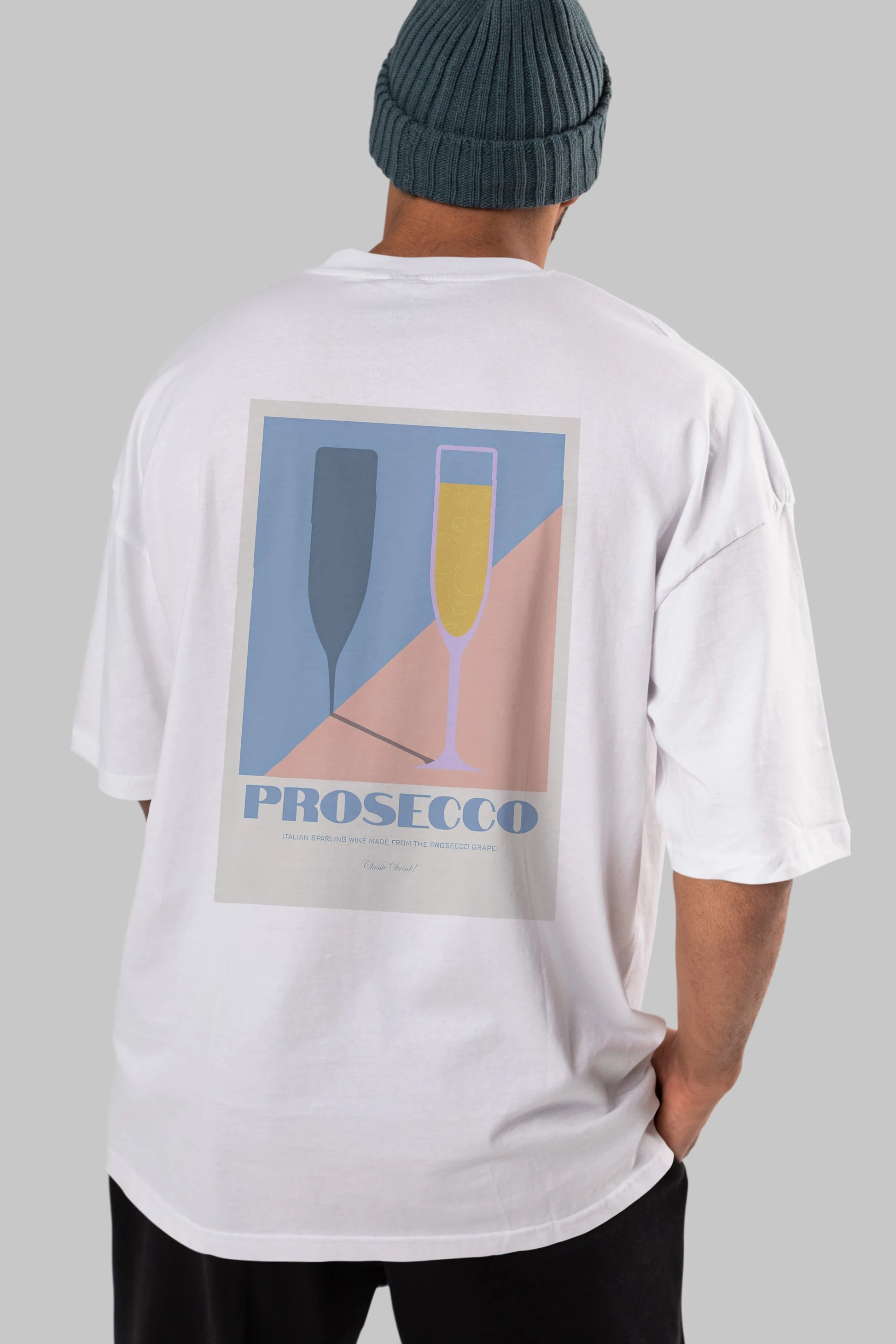 Prosecco Arka Baskılı Oversize t-shirt Erkek Kadın Unisex %100 Pamuk Bisiklet Yaka tişort