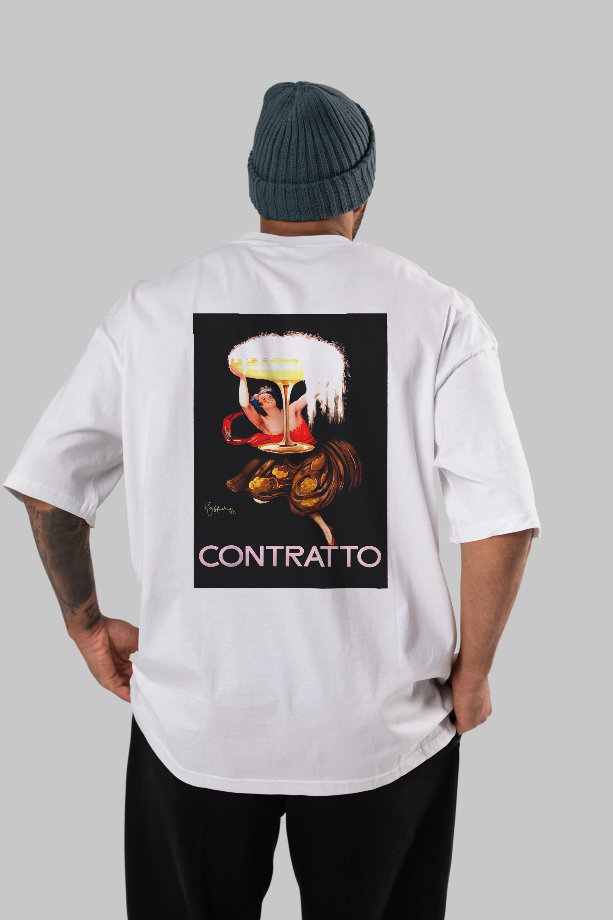 Contratto Arka Baskılı Oversize t-shirt Erkek Kadın Unisex %100 Pamuk Bisiklet Yaka tişort
